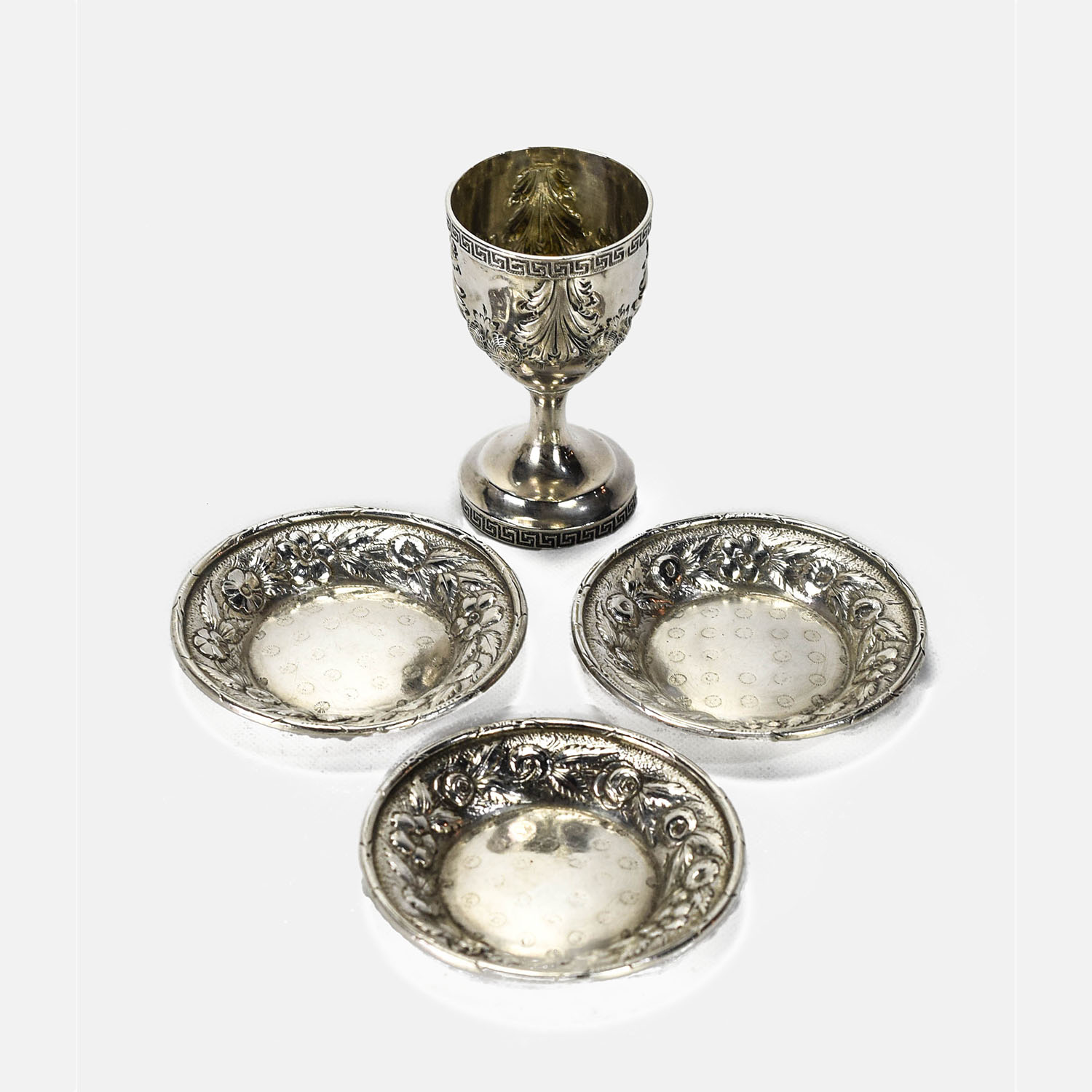 Three Baltimore Coin Silver Butter Pats and Cordial