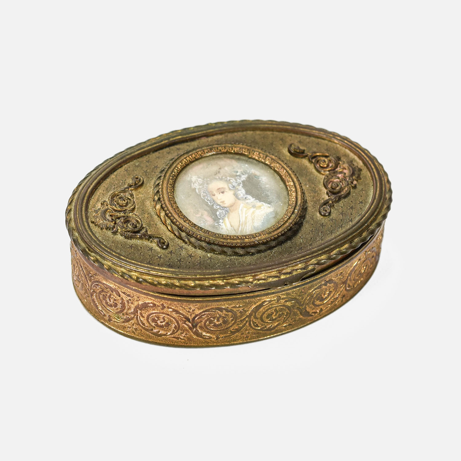 Antique French Brass Trinket Box w/Portrait Lid