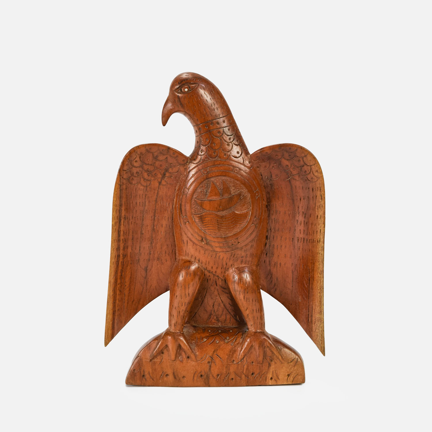 Folk Art Carved Wood Spread Wing Eagle w/Ship