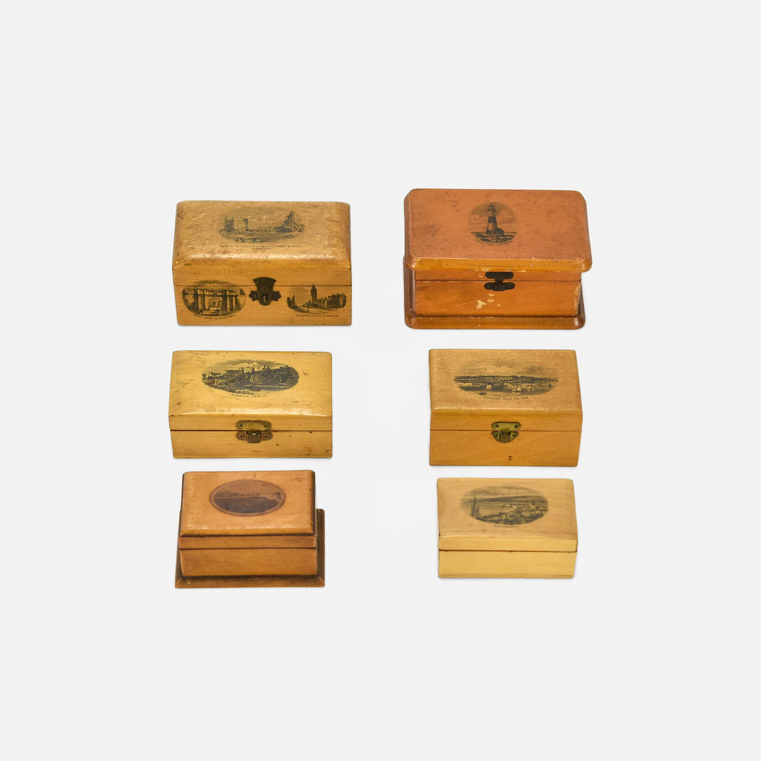 Six Antique Treen Wood Mauchline Ware Boxes