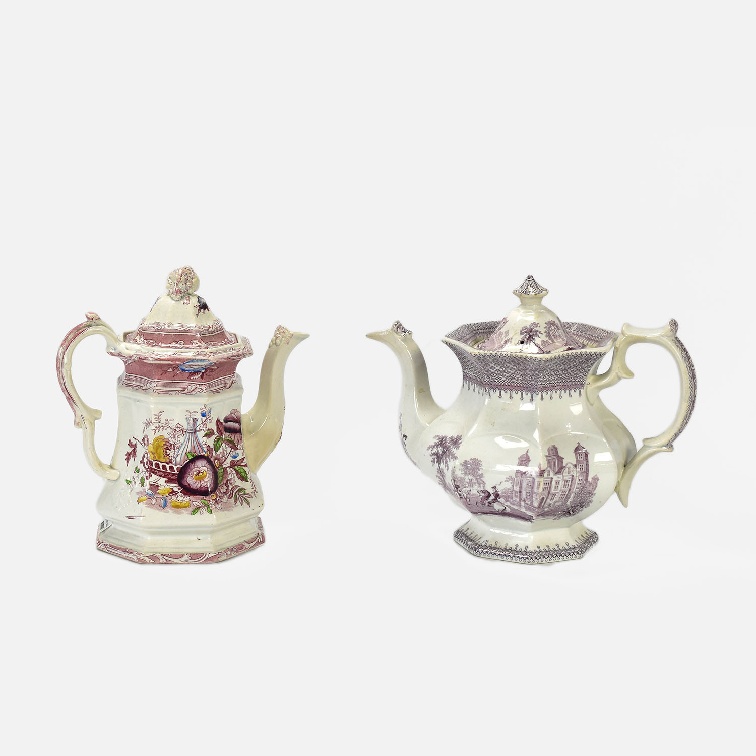 Two Antique Mulberry Transferware Ceramic Teapots