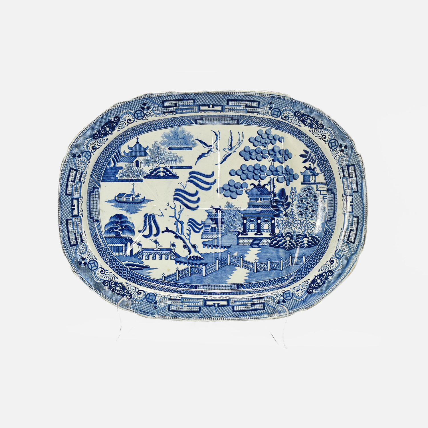 Big Mid 19thC Antique Blue Willow Deep Meat Platter