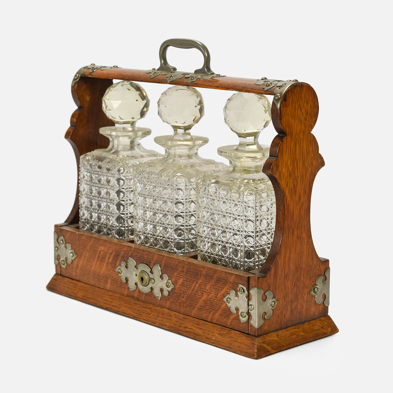 Antique English Oak Nickel Silver 3-Bottle Tantalus