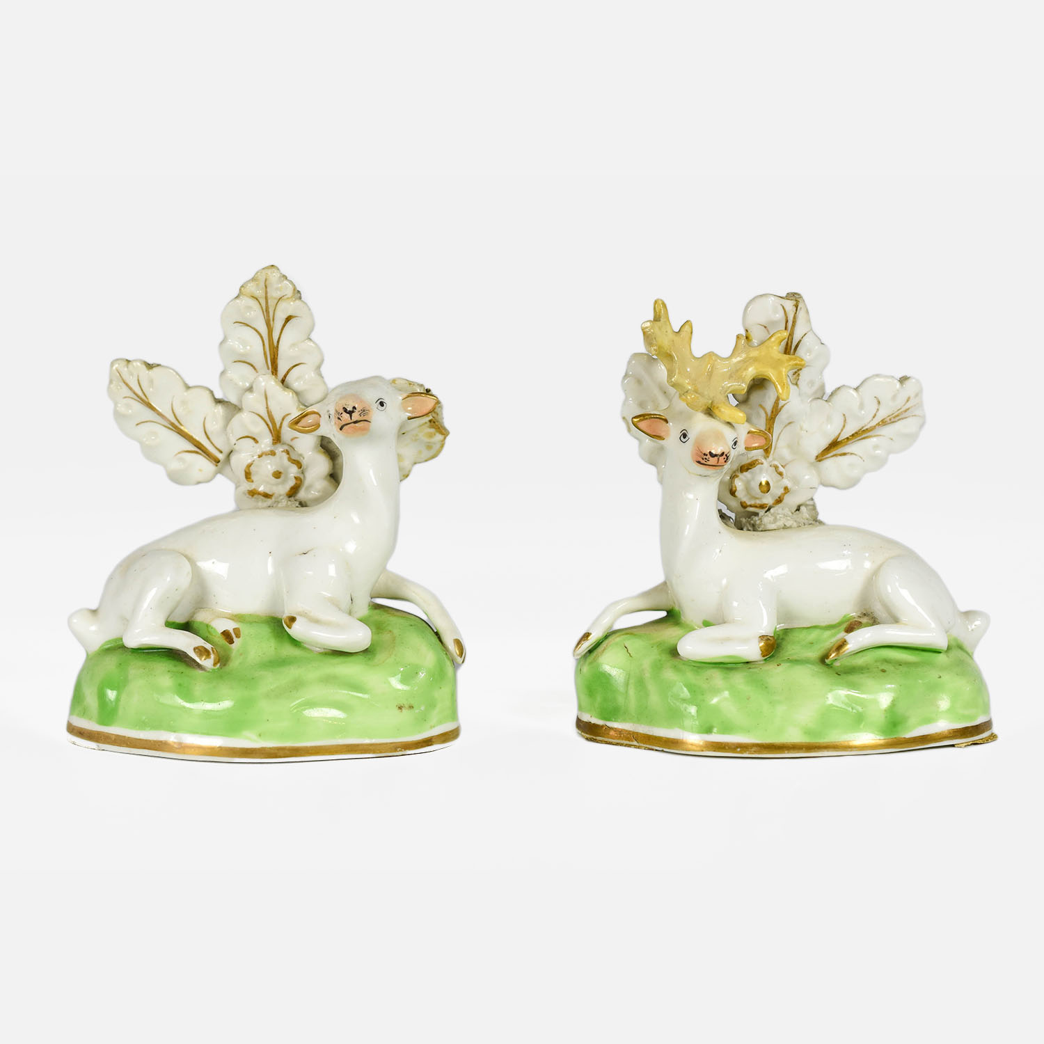 Pair Antique Staffordshire Pottery Stag and Doe Figurines