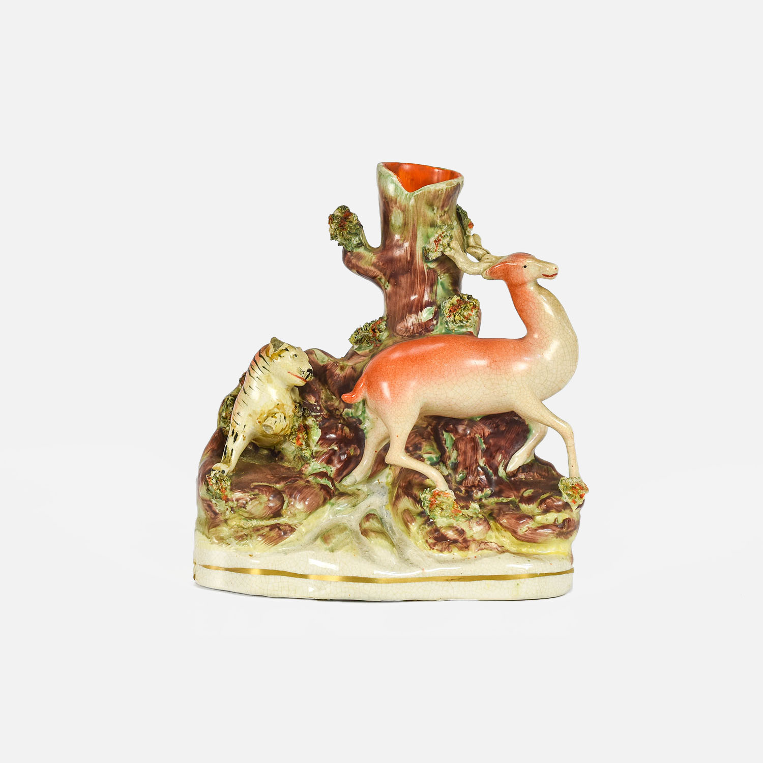 Antique Staffordshire Spill Vase Tiger/Stag Statue