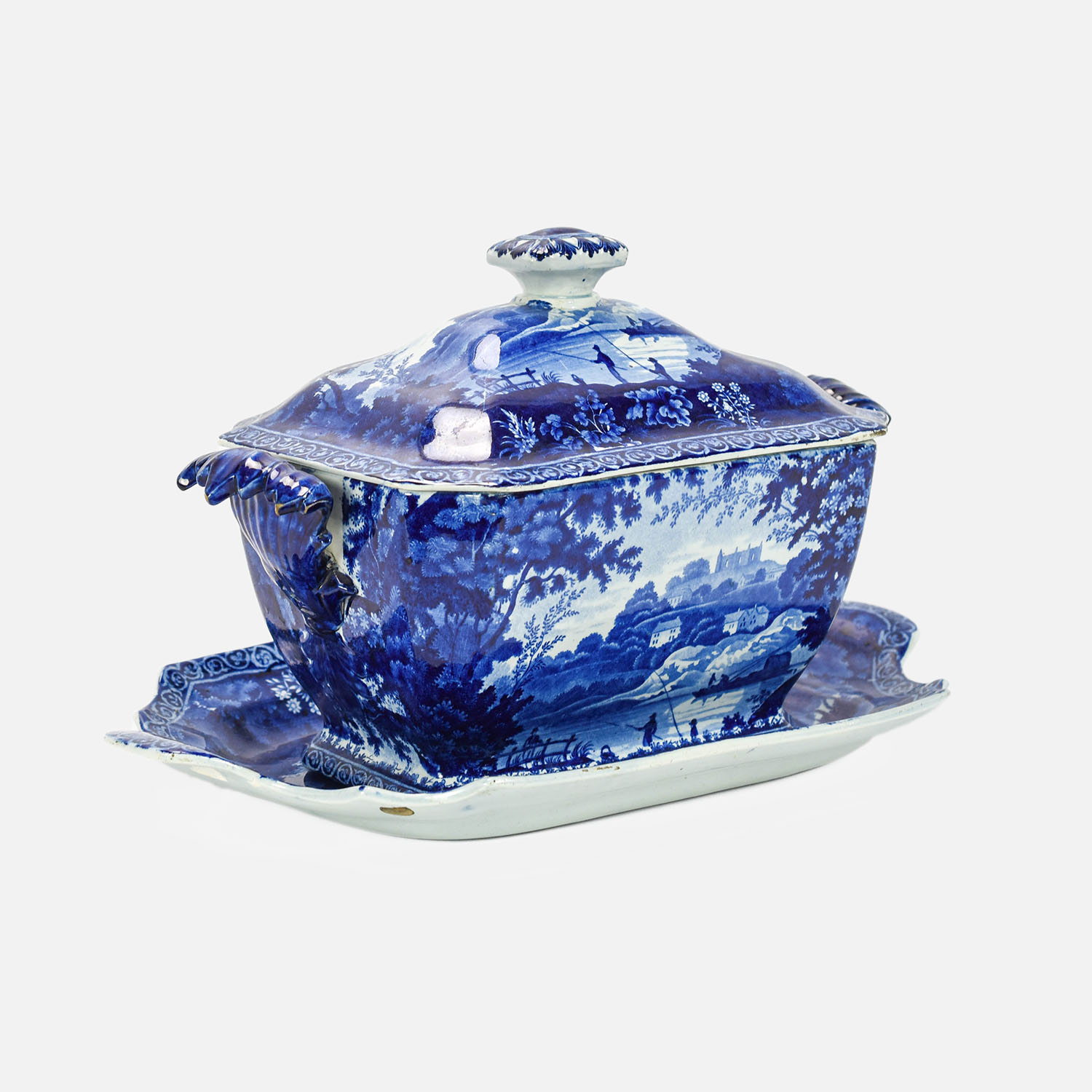 Clews Flow Blue Lidded Tureen w/Underplate FISHING