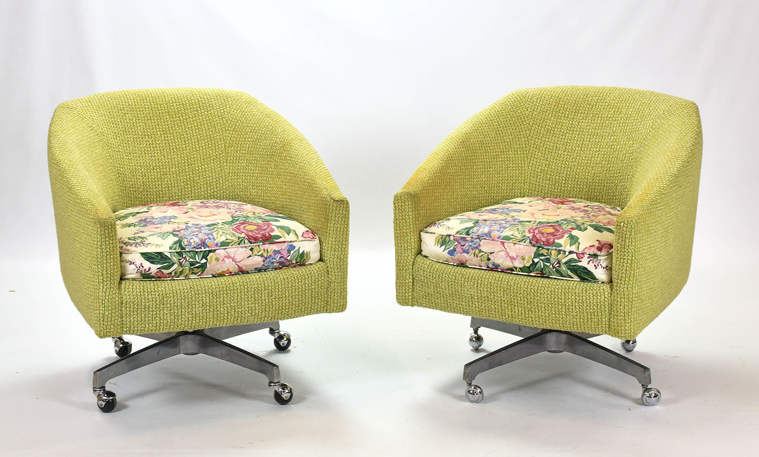 Pair 1970s Founders Avocado MCM Swivel Barrel Chairs