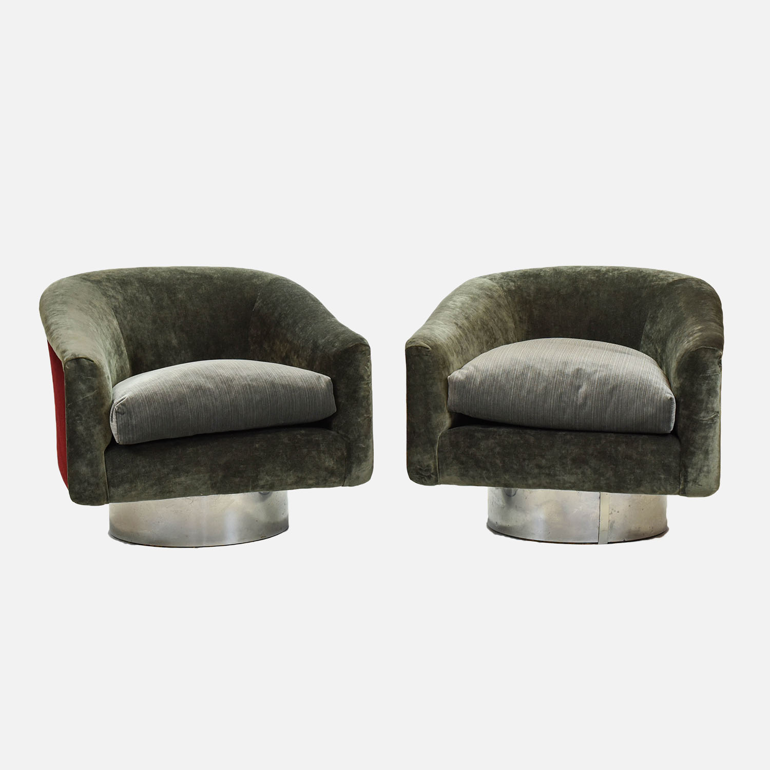 Pair Milo Baughman Swivel Lounge Chairs Gray Velvet