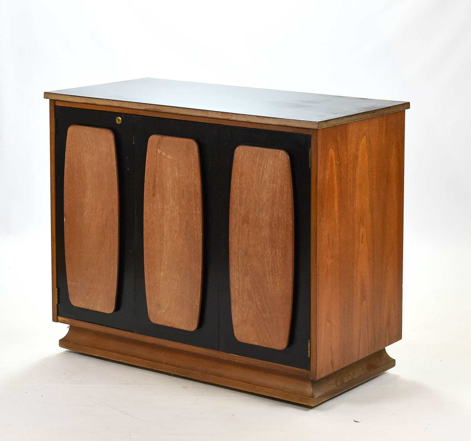 MCM 3-Door Black Brown Wood Rolling Bar Cabinet