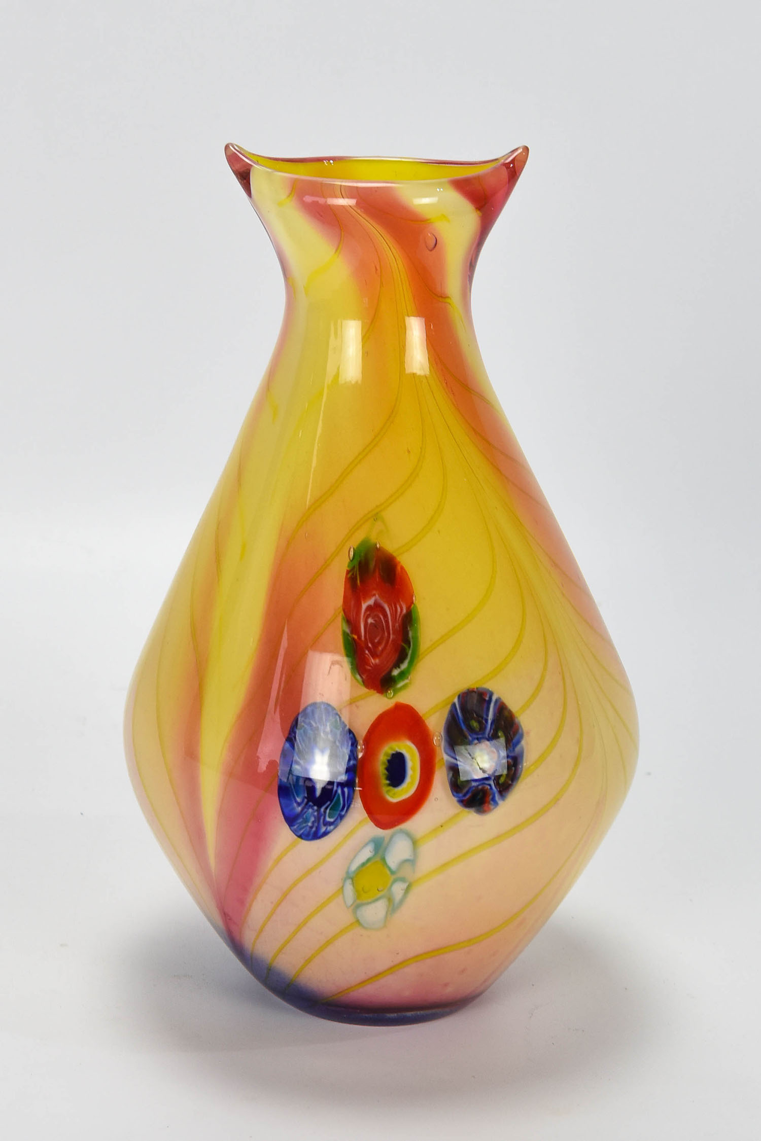 Italian Pulled Feather Cut Cane Art Glass Vase
