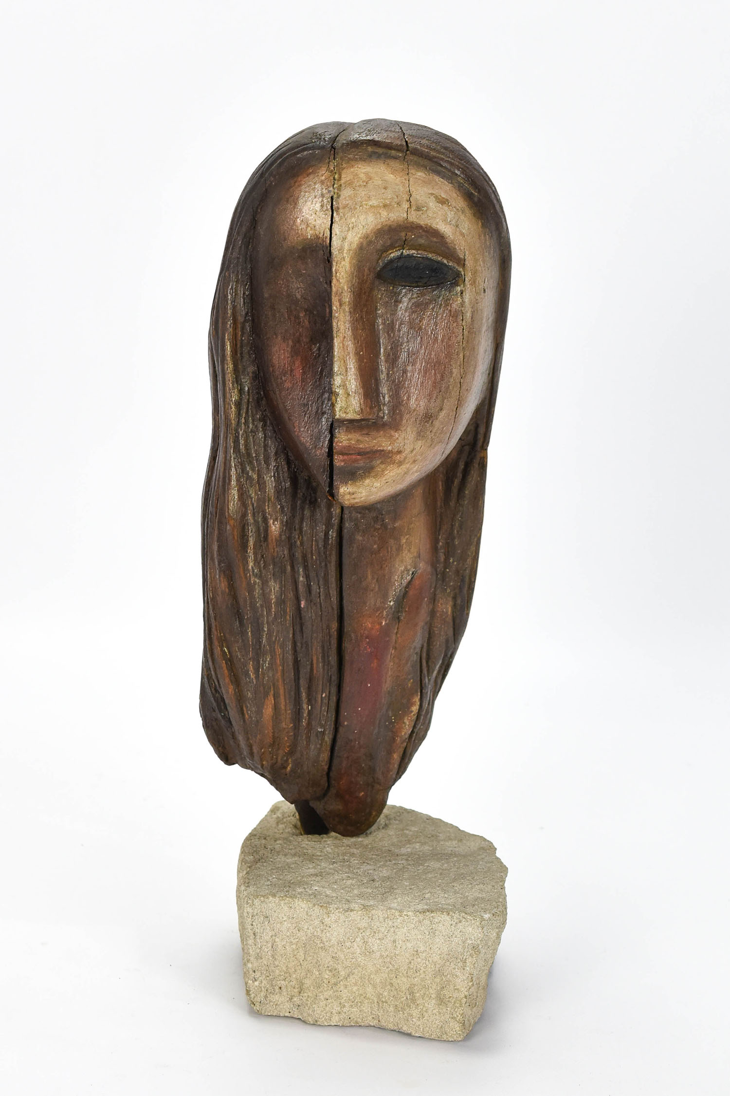 Robert E. Kuhn Cubist Wood Sculpture Woman's Head