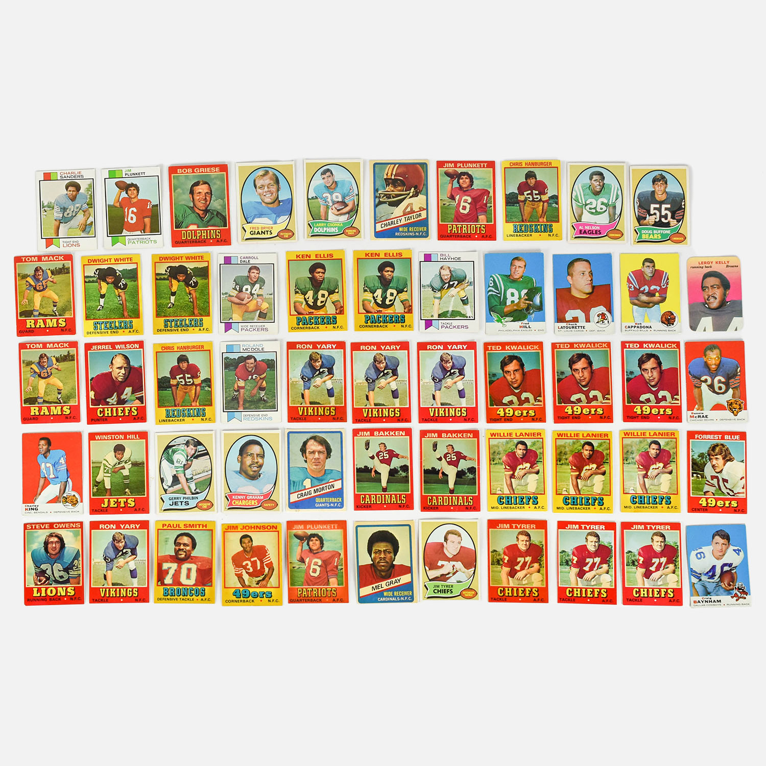 Fifty Four 1960s to 1970s NFL Topps Chewing Gum Football Cards