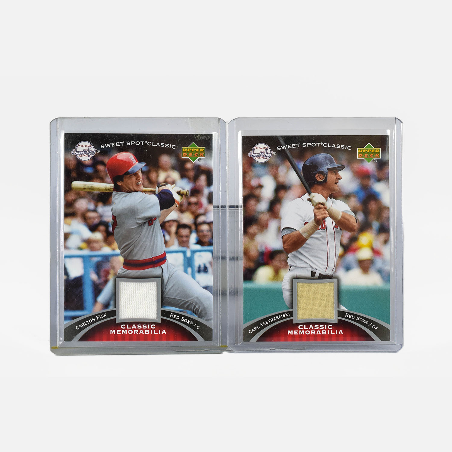 Two 2007 Sweet Spot Classic MLB Hall of Fame Carl Yastrzemski and Carlton Fisk Memorabilia Baseball Cards