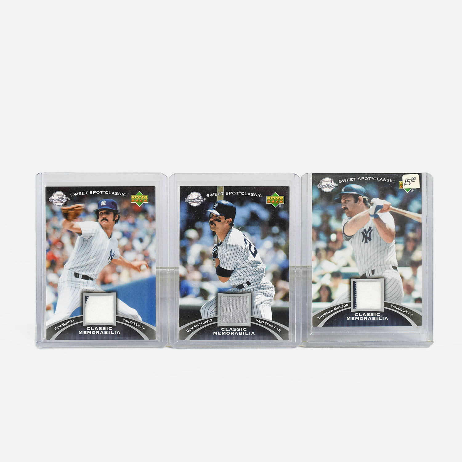 Three 1970s to 1980s Era Upper Deck MLB Yankee Legends Game Used Memorabilia Cards