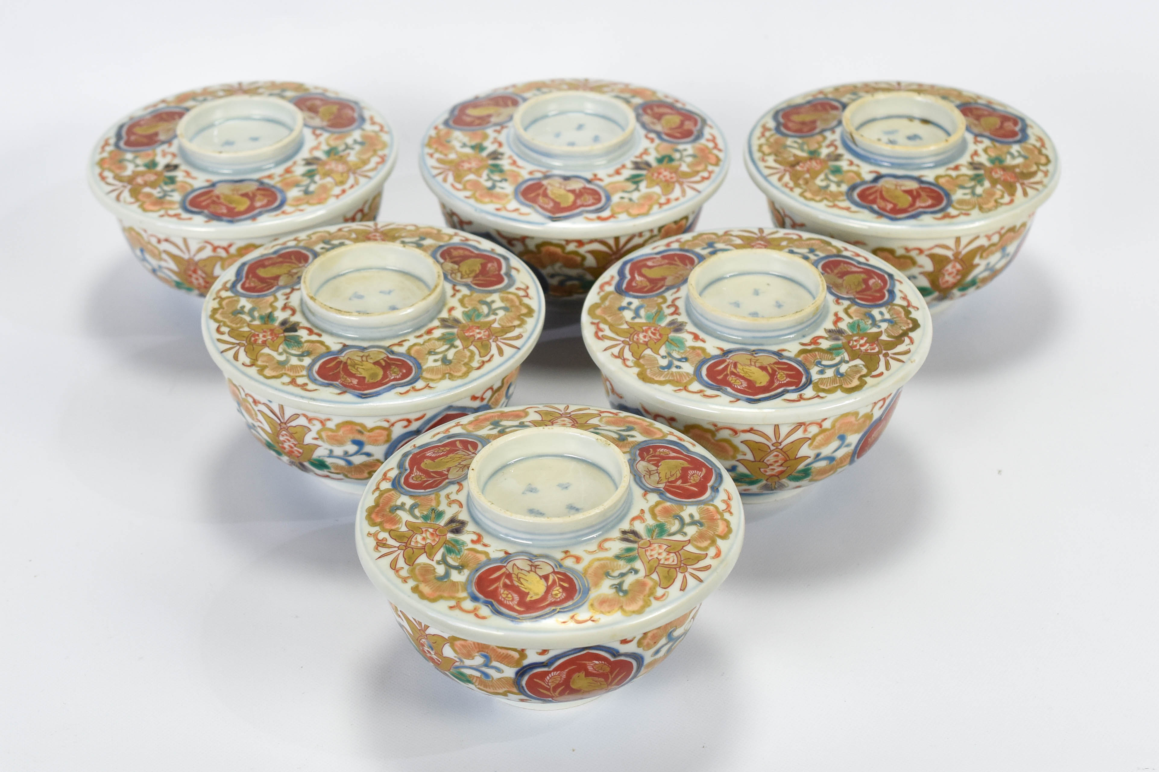 6 Antique Japanese Imari Porcelain Lidded Rice Bowls