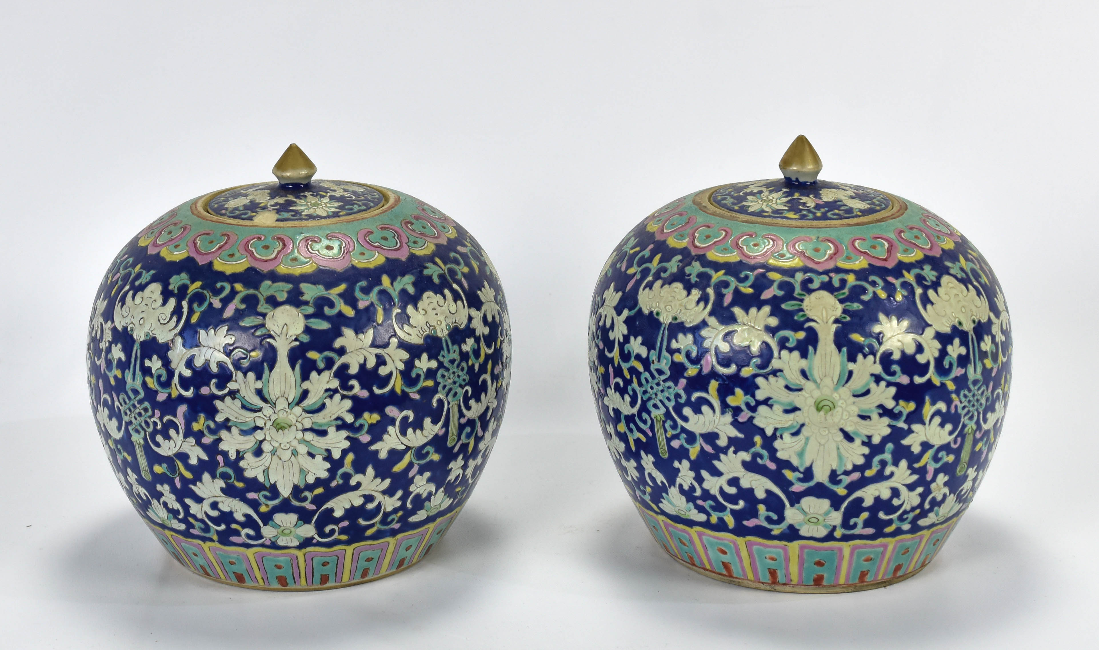 Pair Antique Qing Chinese Famille Rose Ginger Jars
