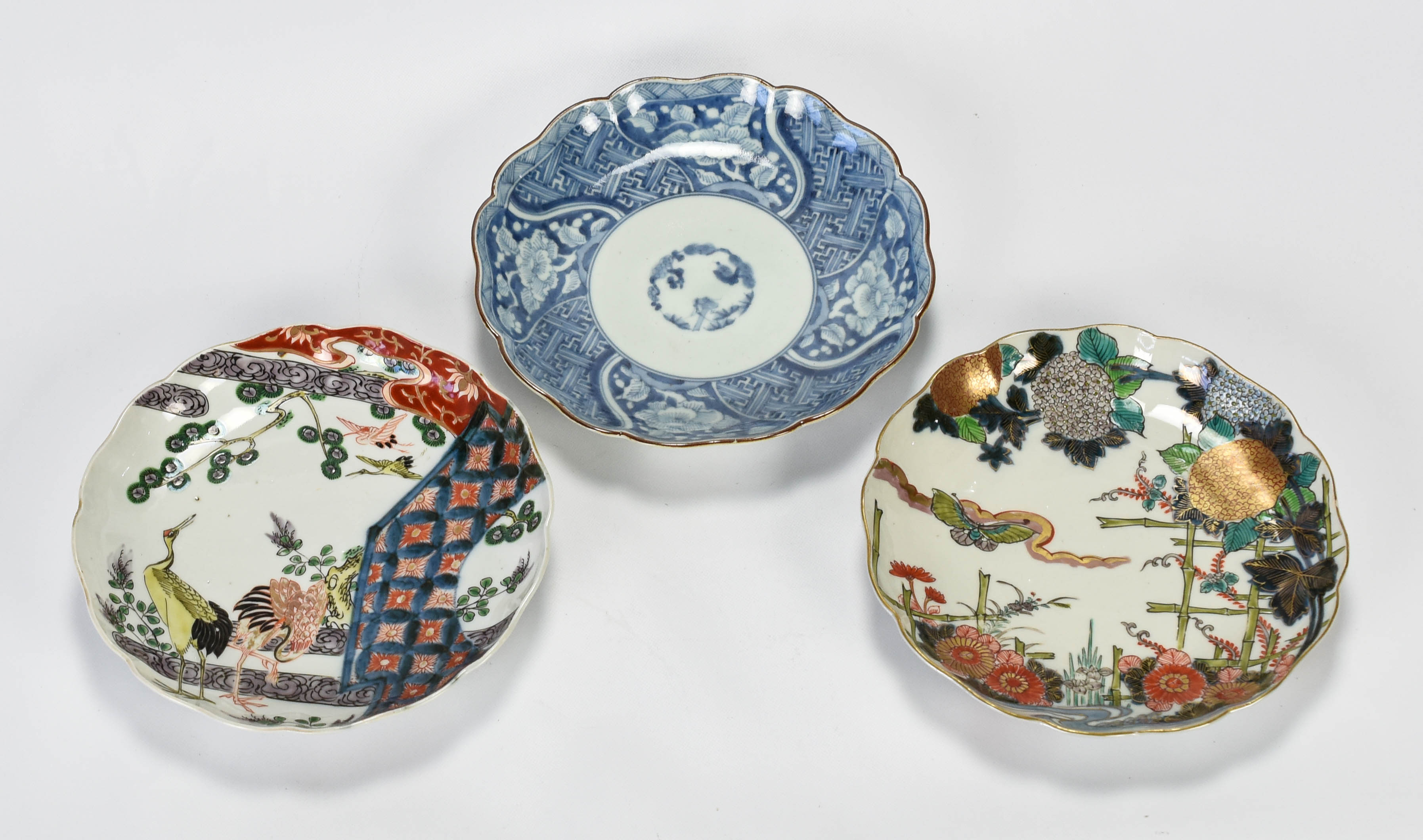 Three Antique Asian Imari Blue & White Deep Plates