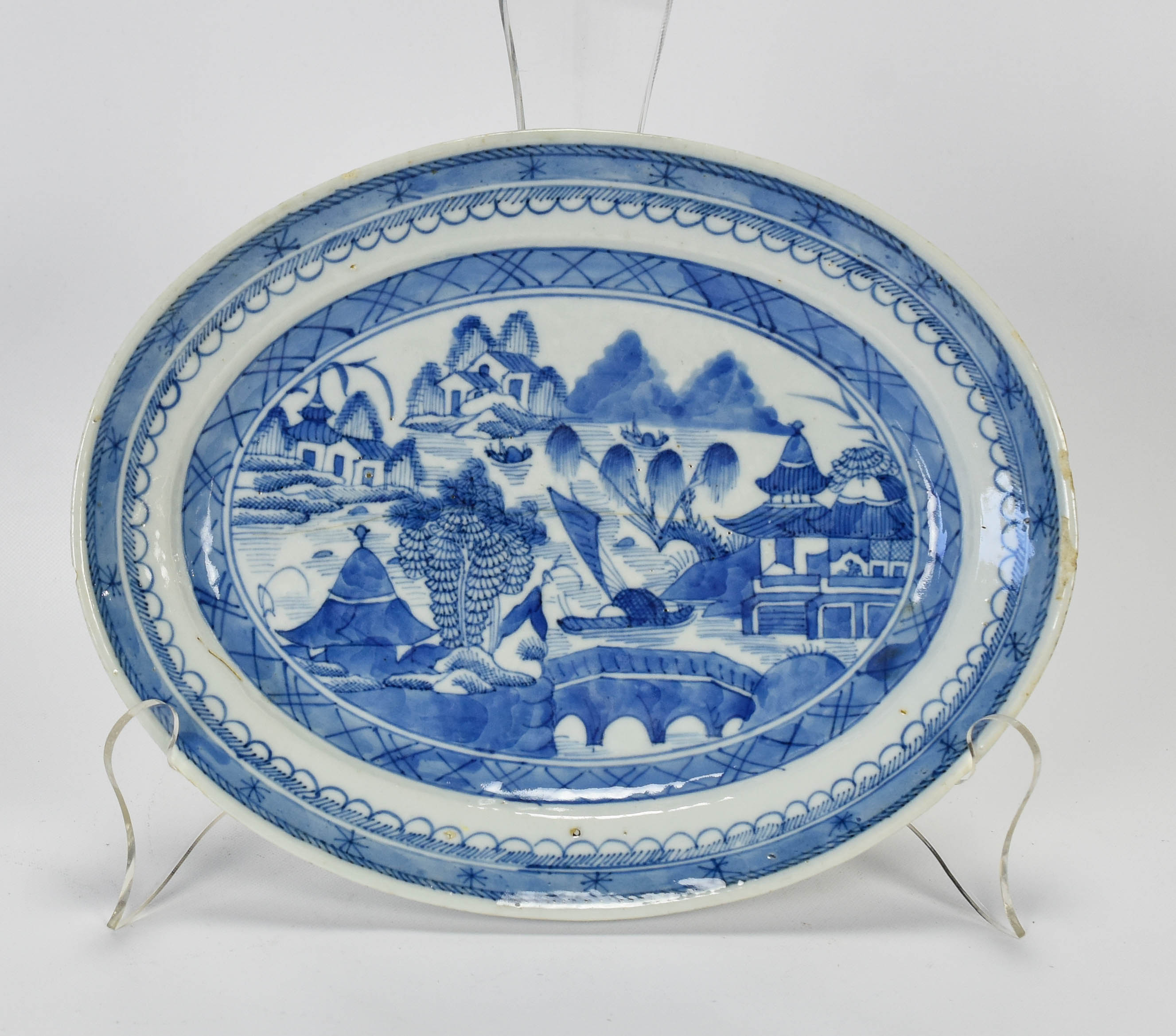 Antique 19thC Chinese Canton Oval Blue White Platter