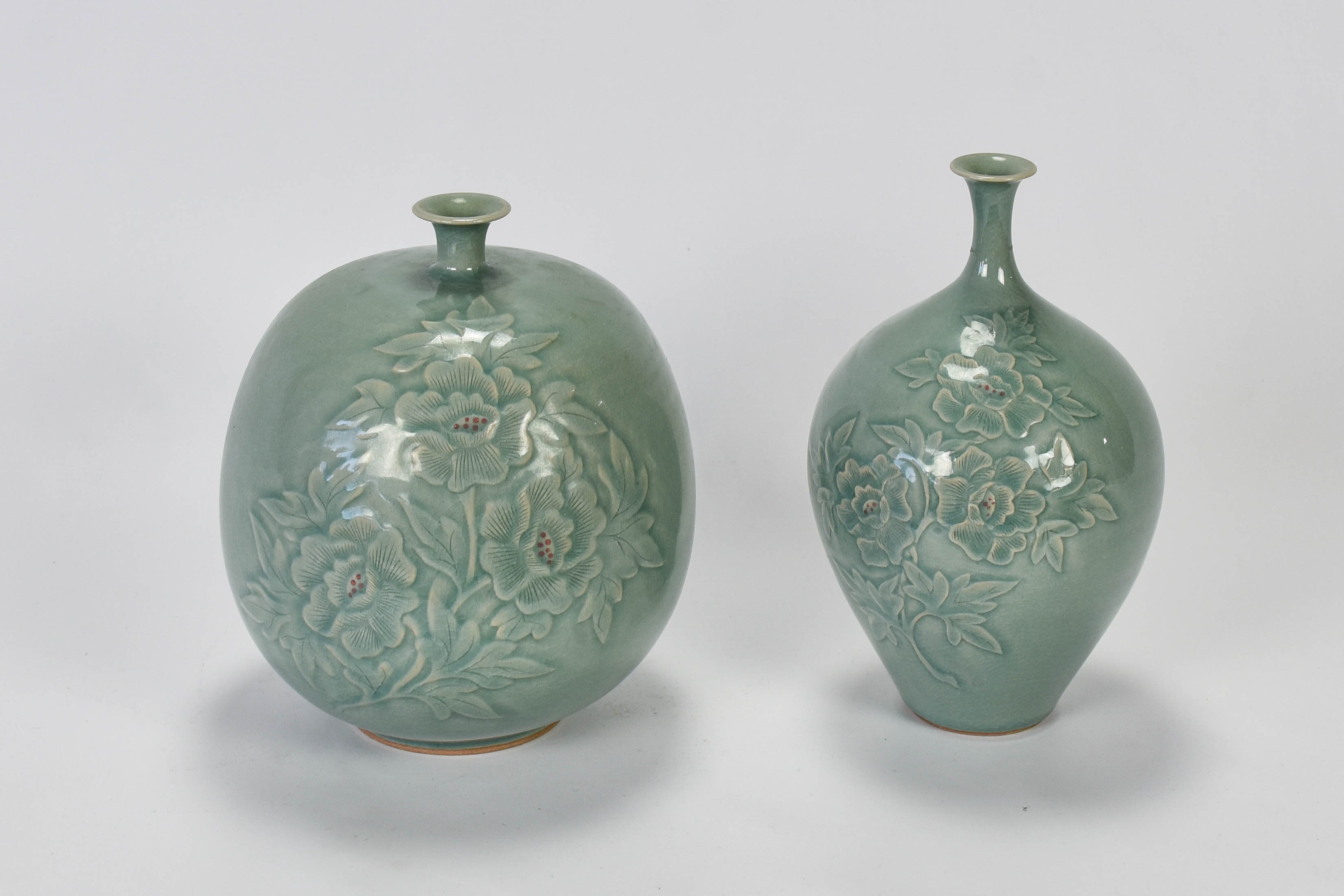 Two Mid 20thC Korean Celedon Bottle Neck Vases