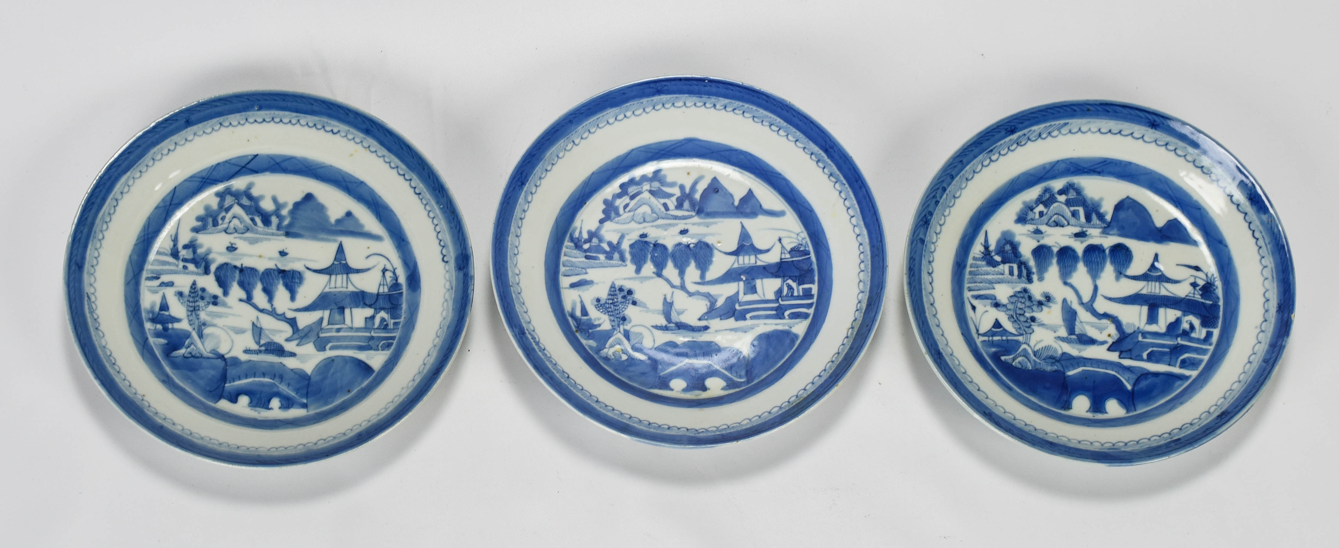 Three Antique Chinese Canton Blue White Dinner Plate