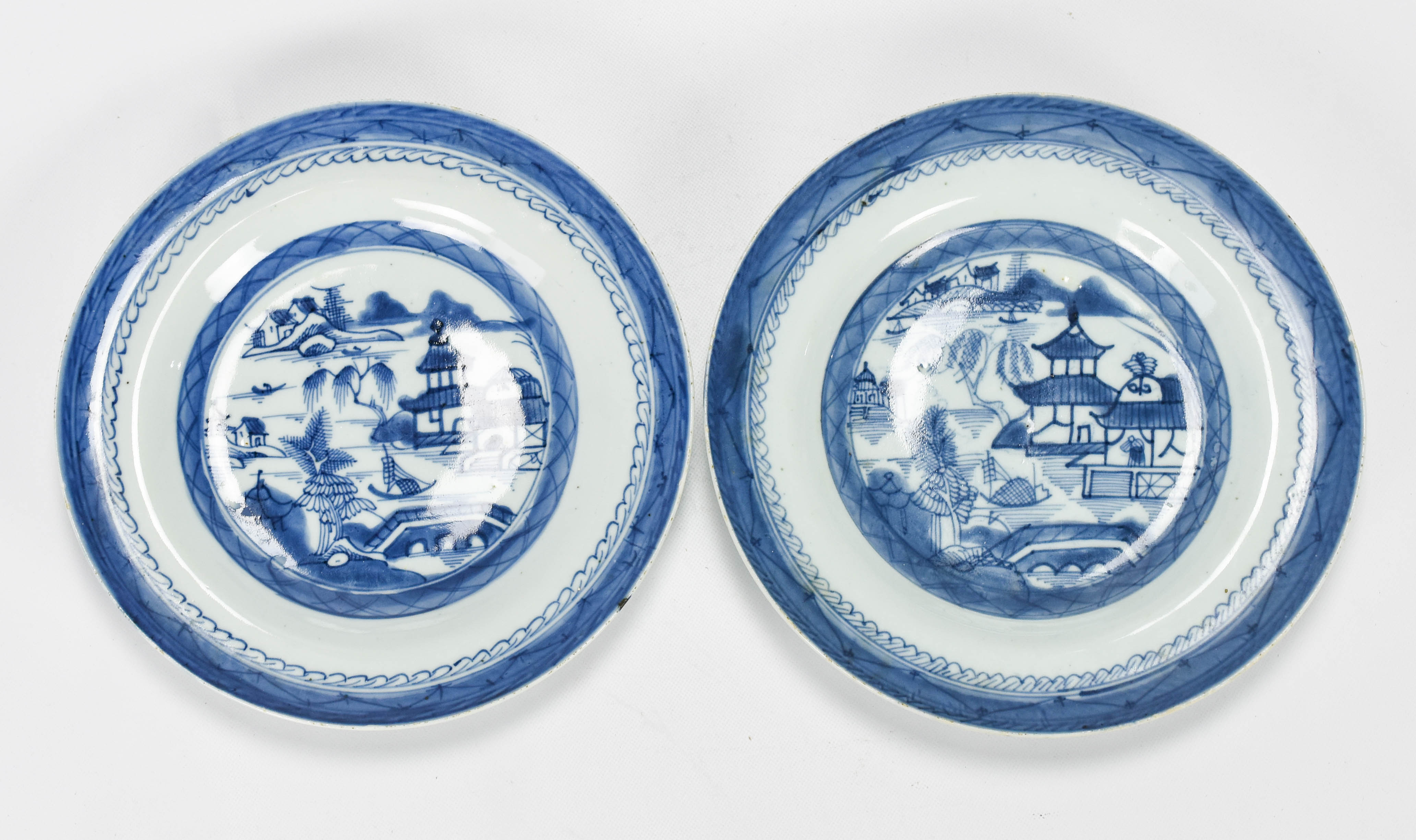 Pair Antique Chinese Canton Blue & White Plates