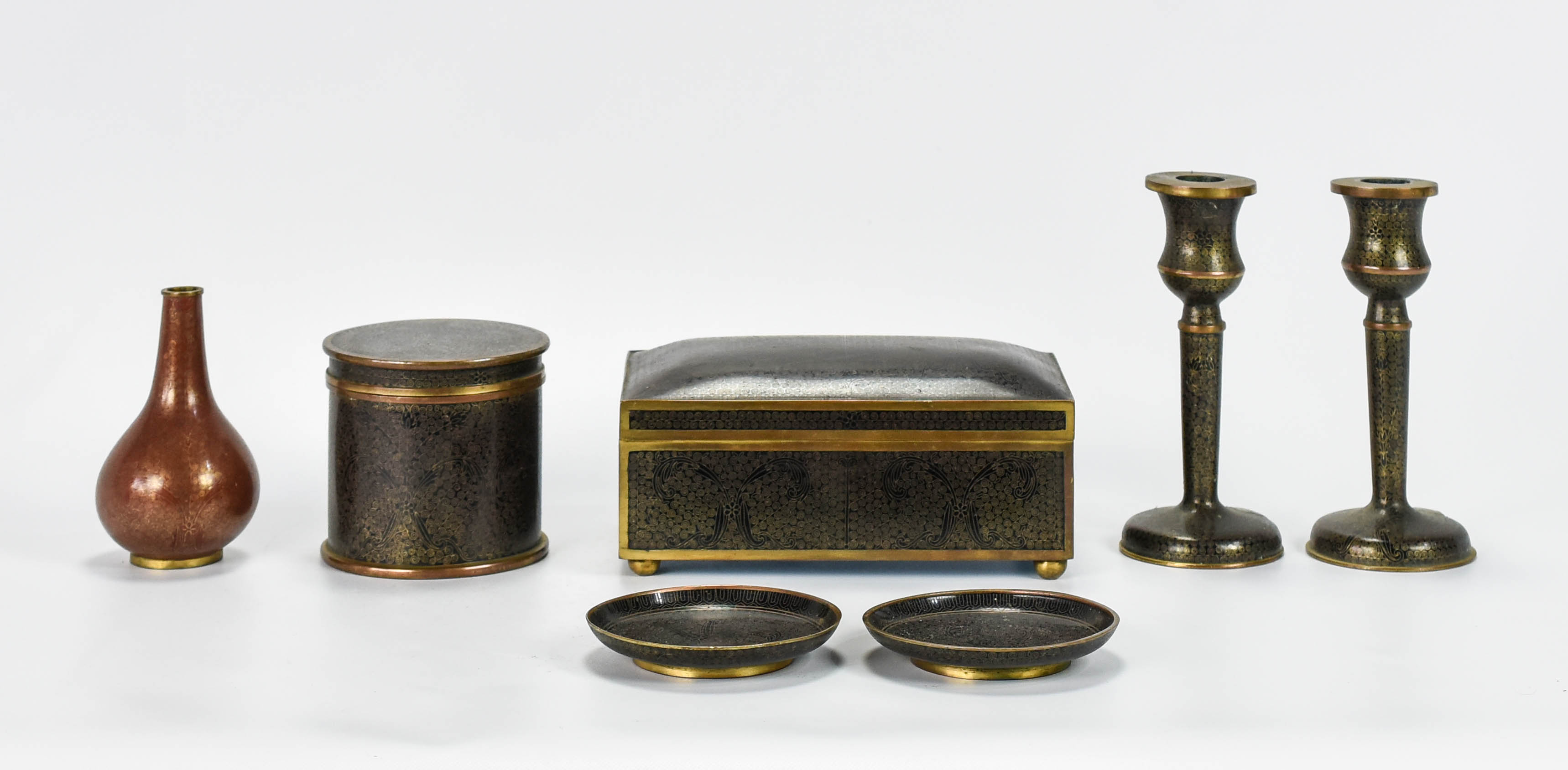 Fine Japanese Meiji Six Pc Black Cloisonne Desk Set