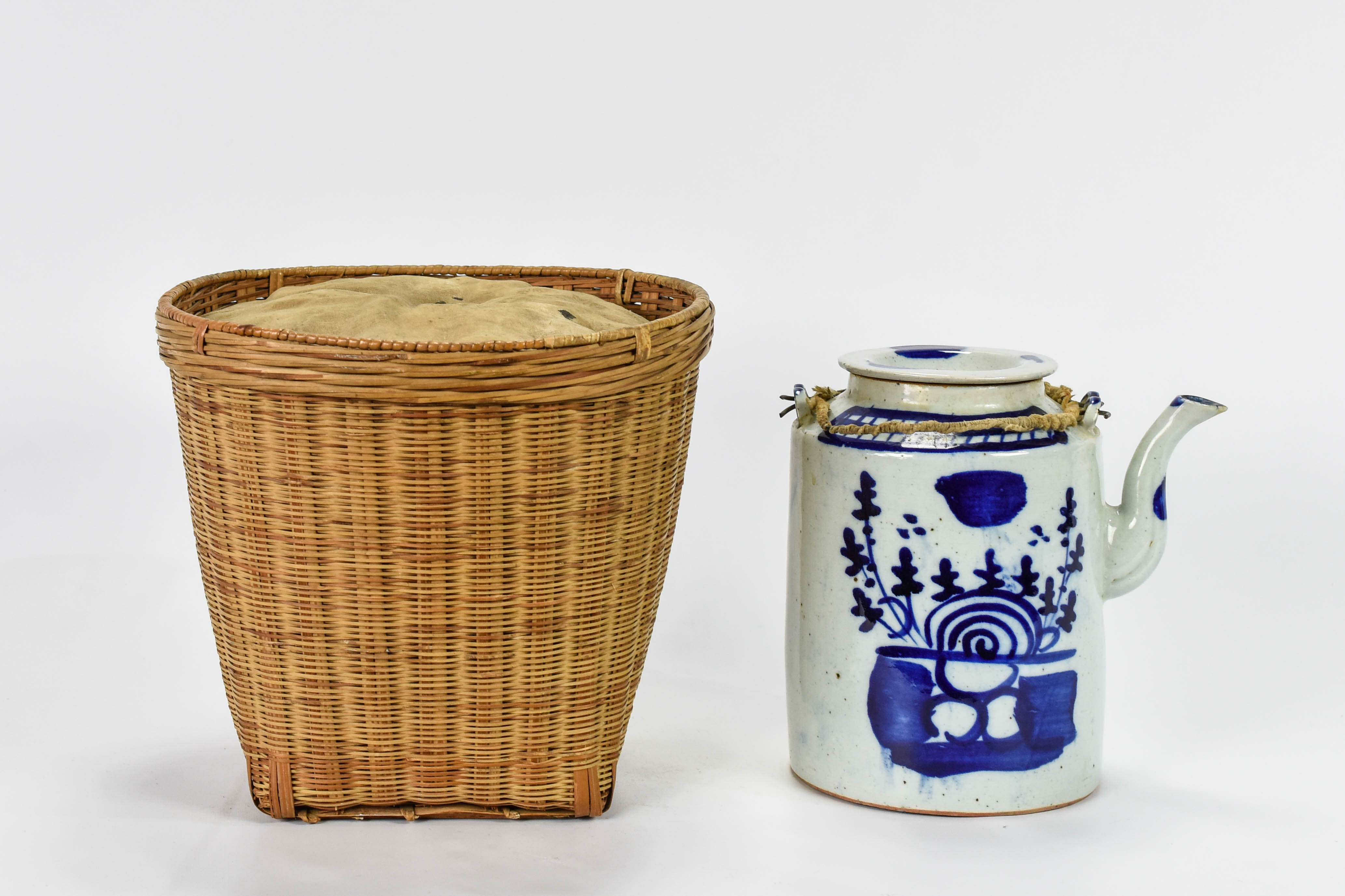 Antique Chinese Blue & White Large Teapot w/Basket