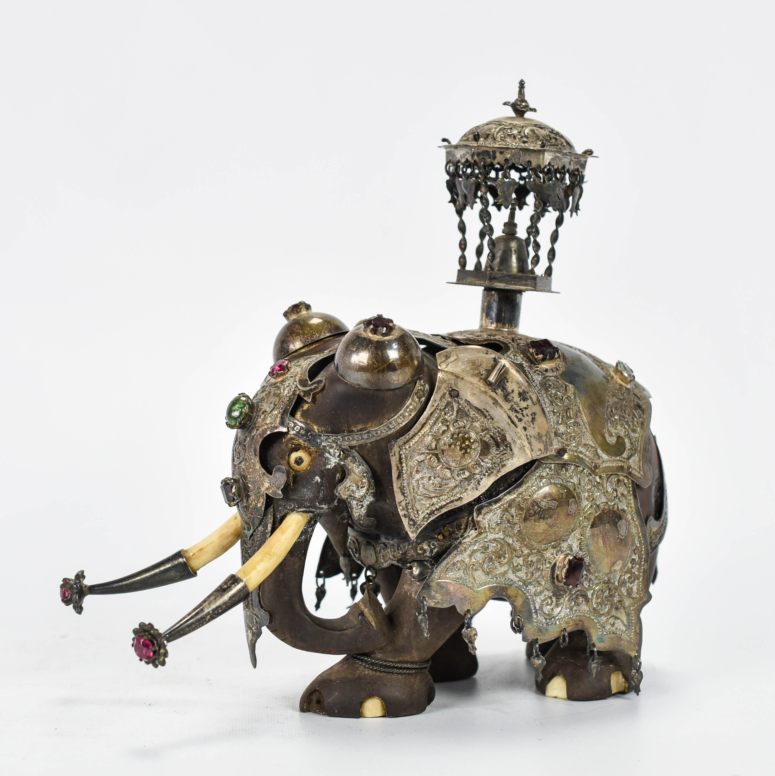 Antique 19thC Silver Clad Ebony Elephant Figure