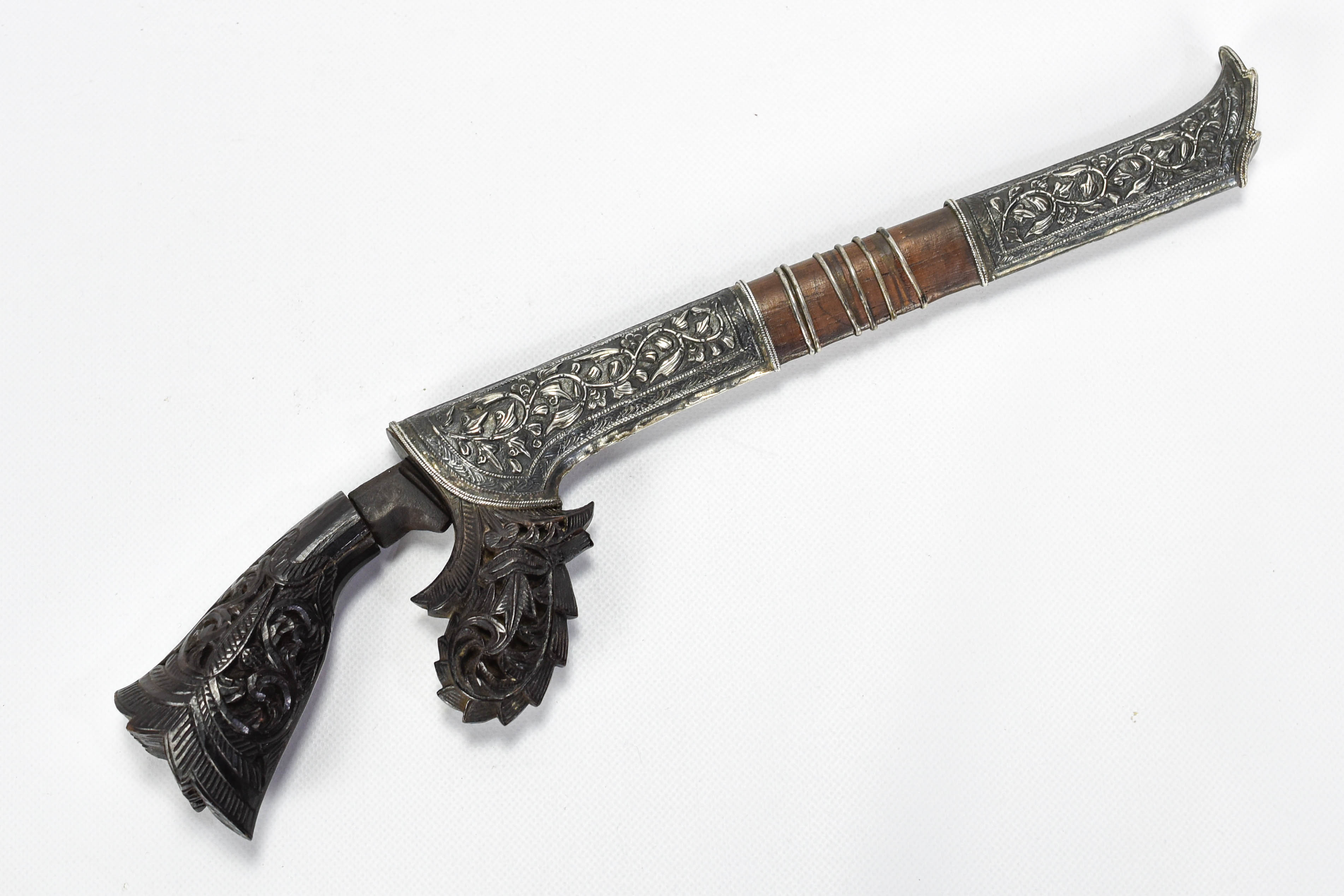 Antique Carved Horn Sewar Silver Clad Dagger Sumatra