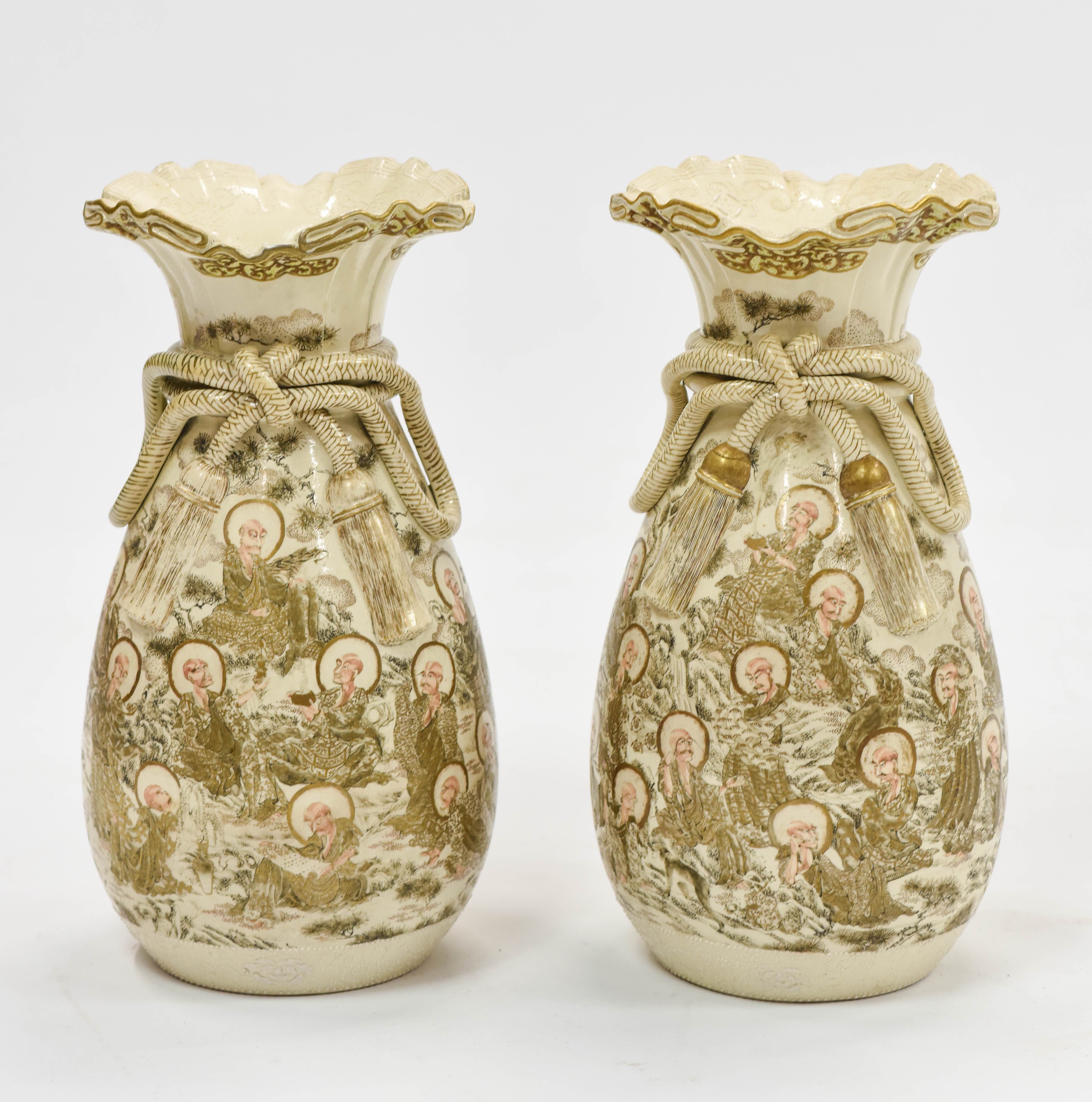 Antique Signed Japanese Satsuma Figural Vase Pair