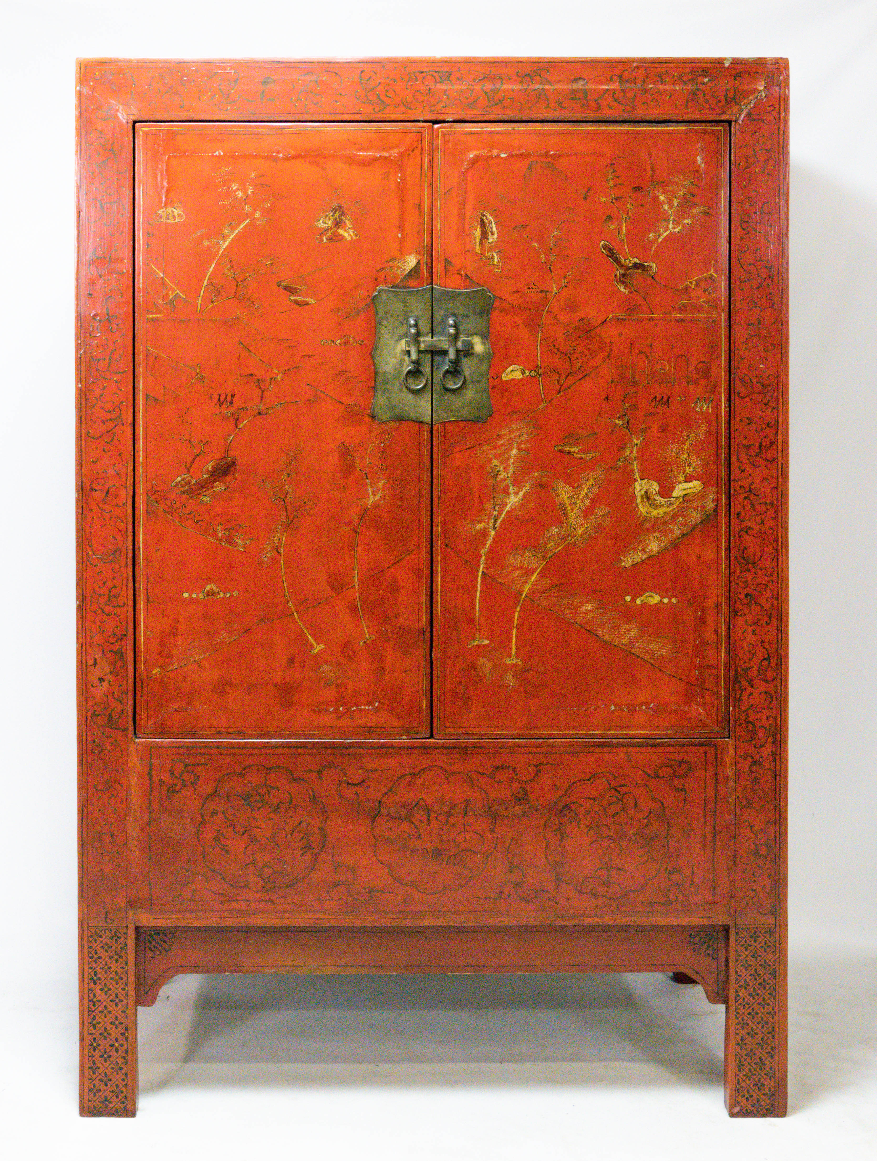 Antique Chinese Red Lacquer Wood 2-Door Cabinet