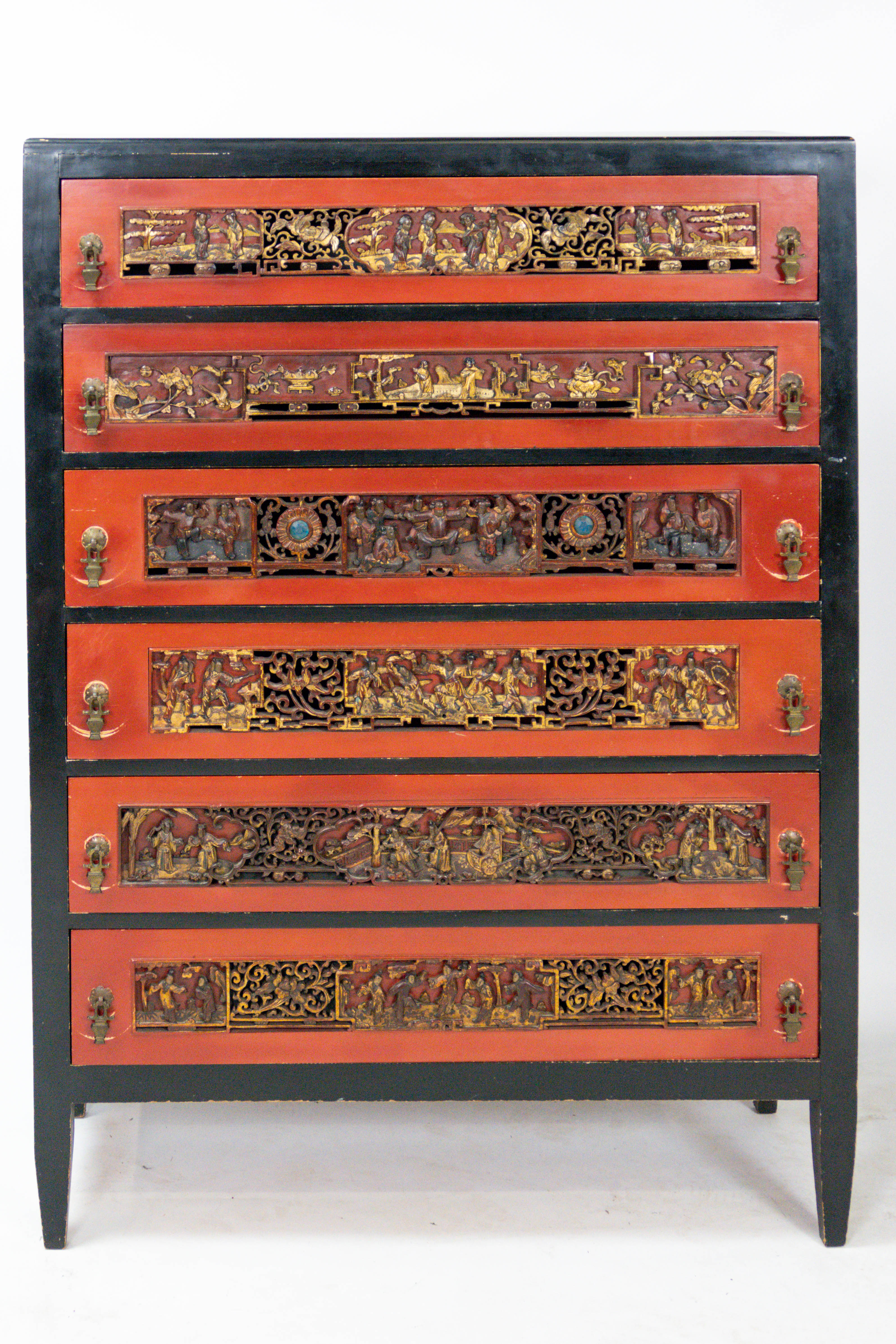 Chinese Red Lacquer Six Drawer Giltwood Carved Chest