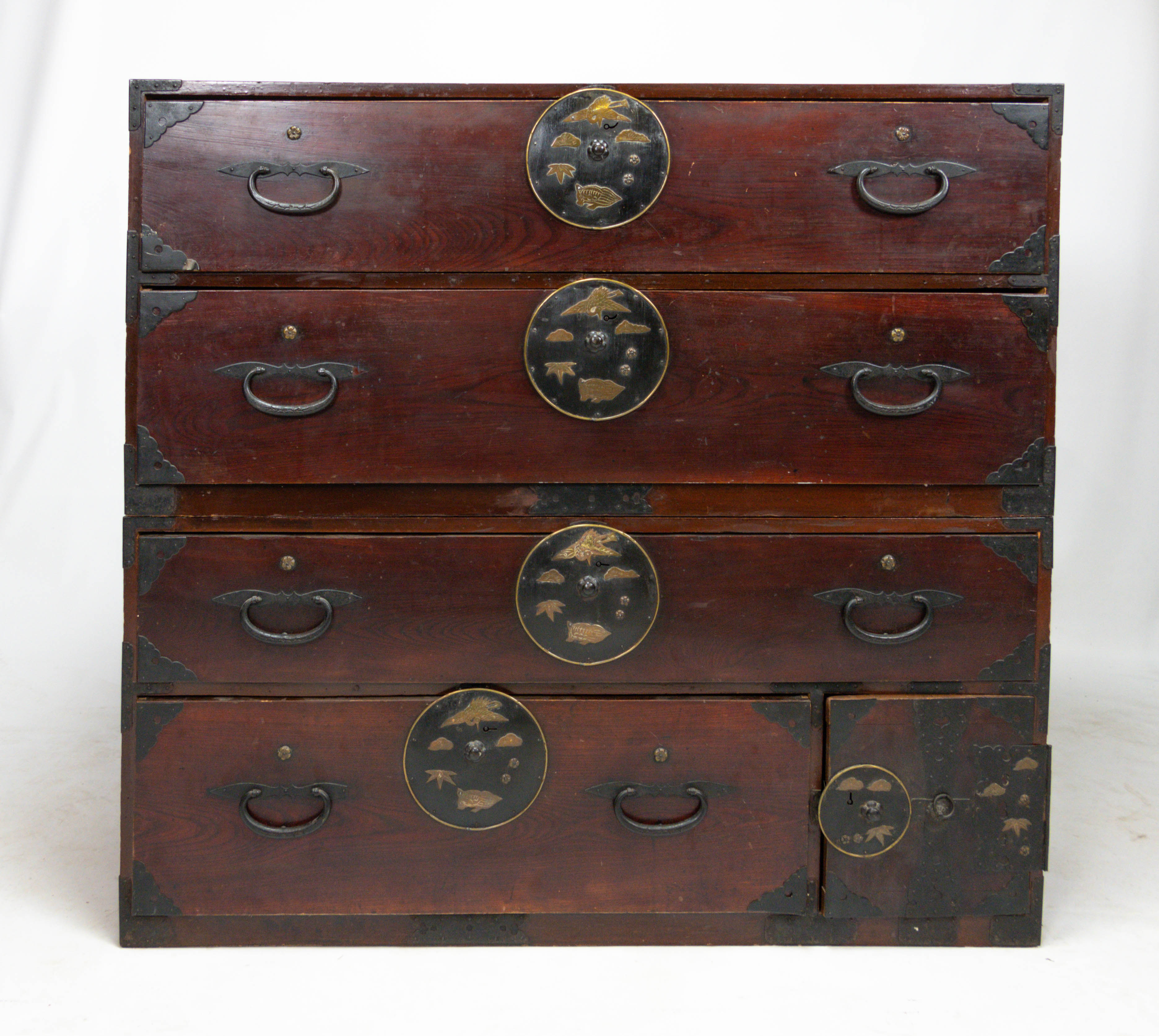 Antique Japanese Meiji 2-Part Red Tansu Iron Bronze