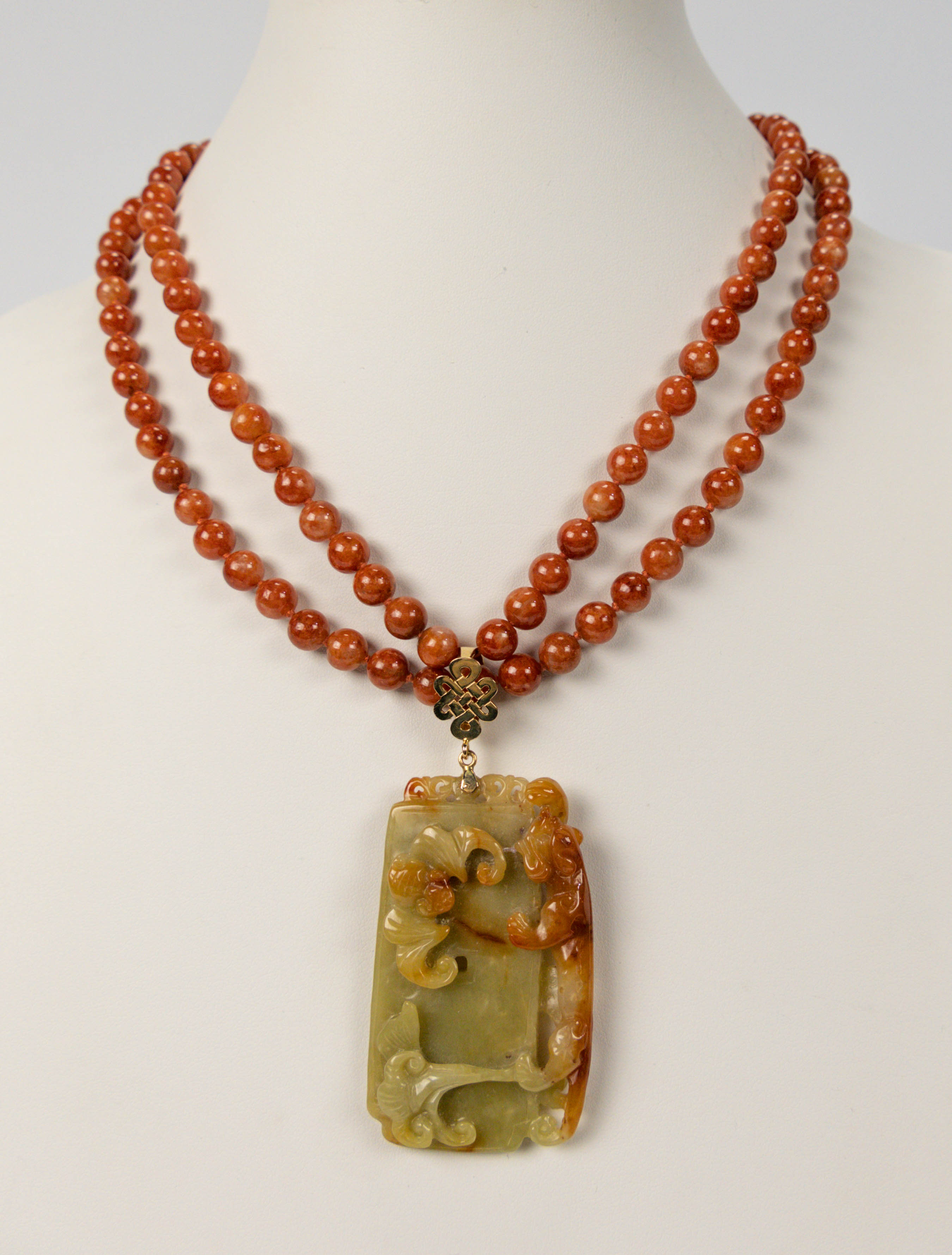 Chinese Jade Pendant Bead 14K Gold Necklace