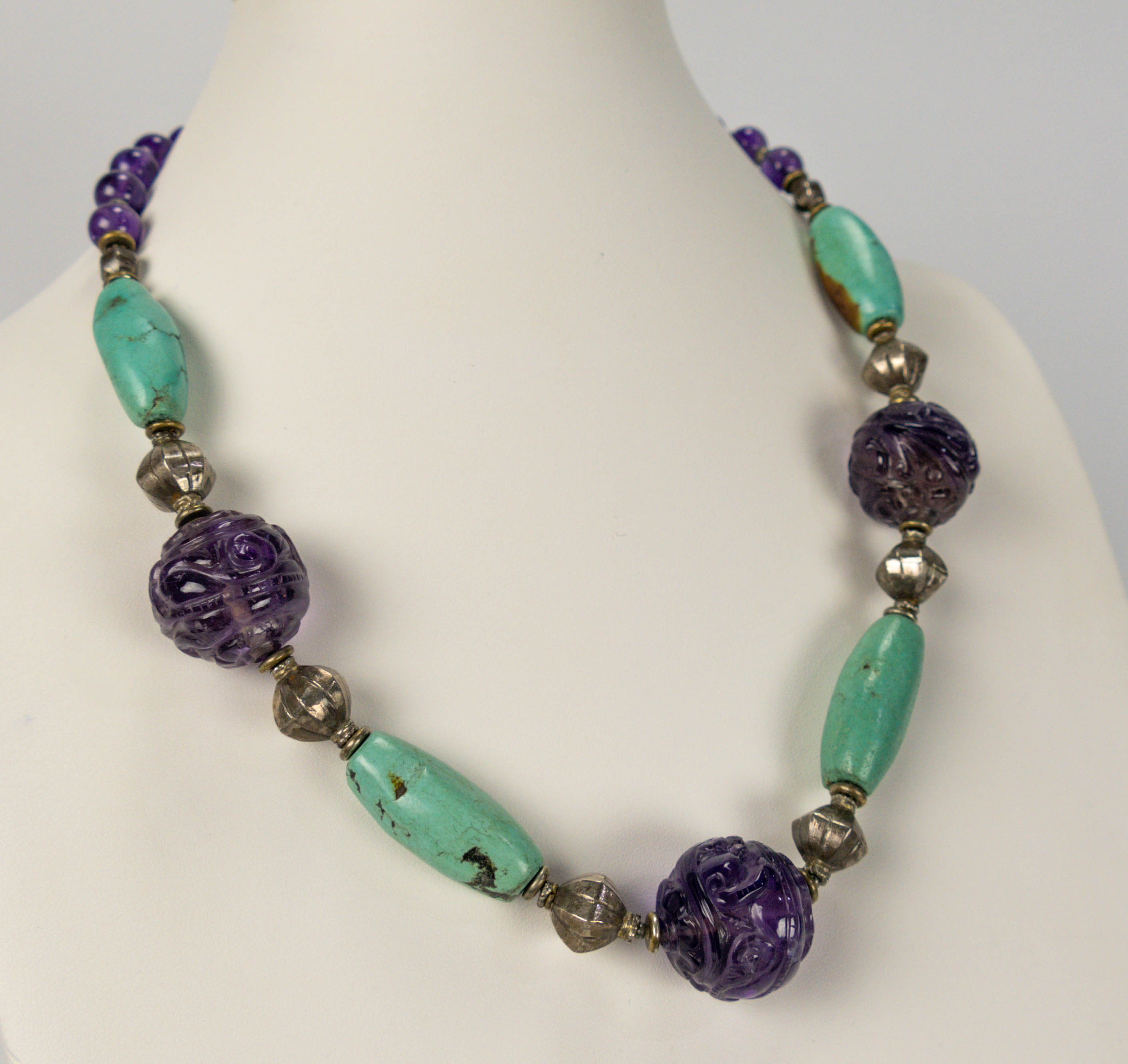 Chinese Carved Amethyst Turquoise & Silver Necklace