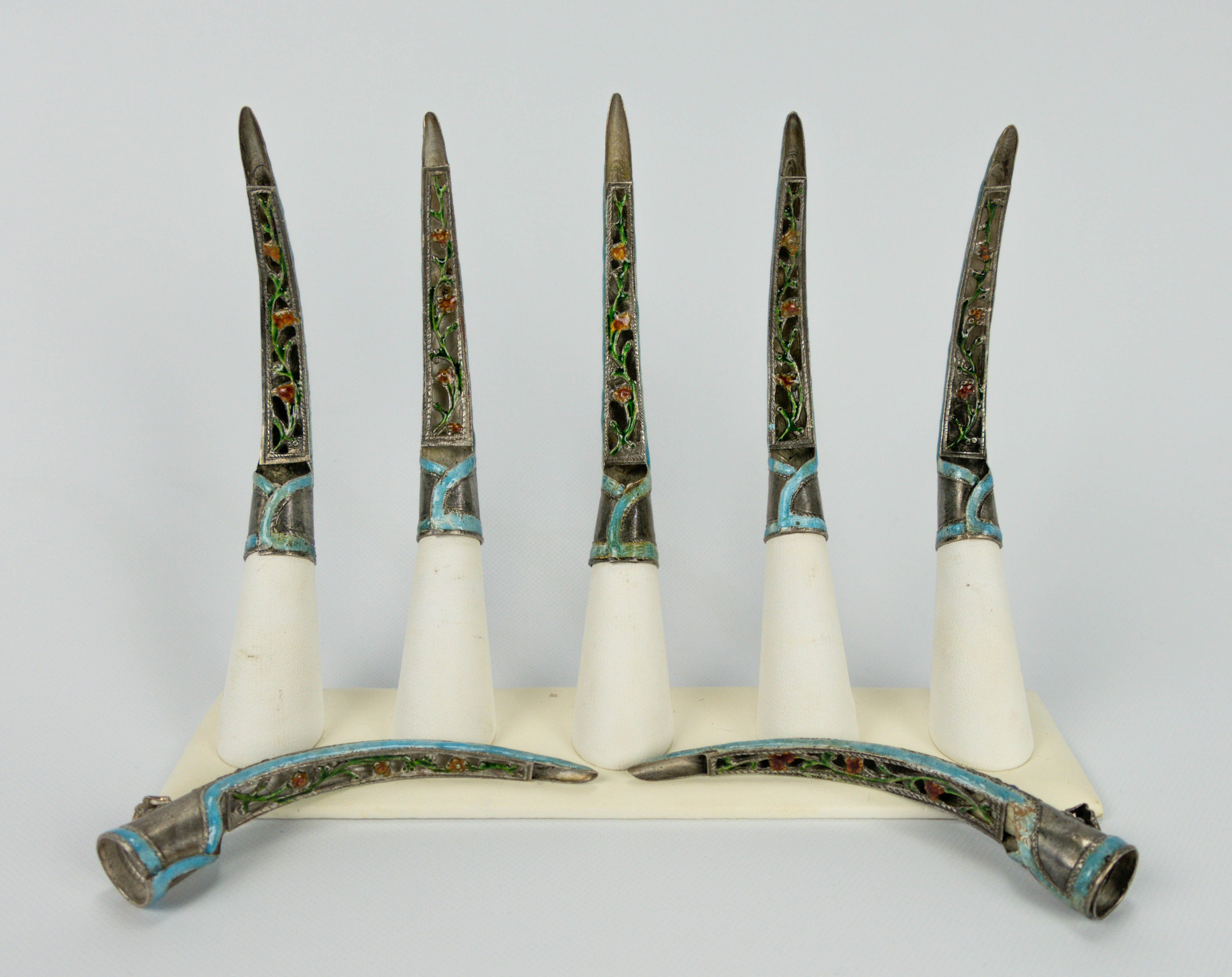 Antique Chinese Silver and Enamel Finger Nail Guards