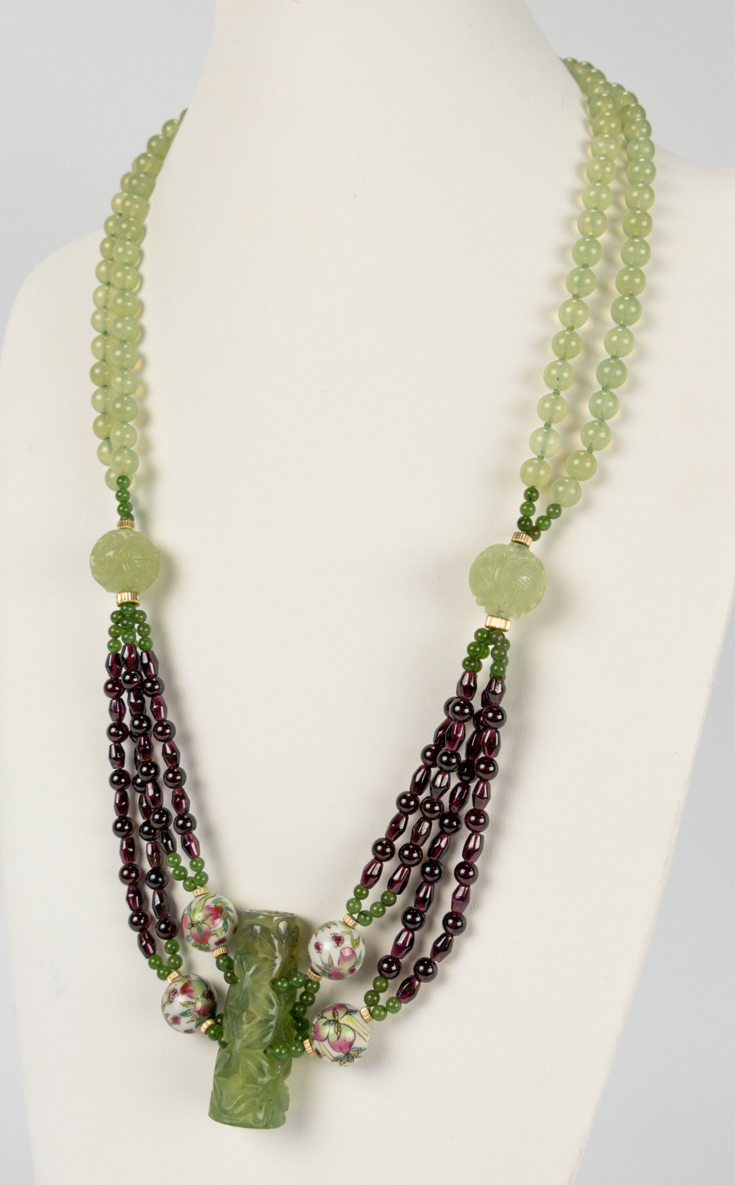 Carved Jade Garnet Porcelain Bead Pendant Necklace
