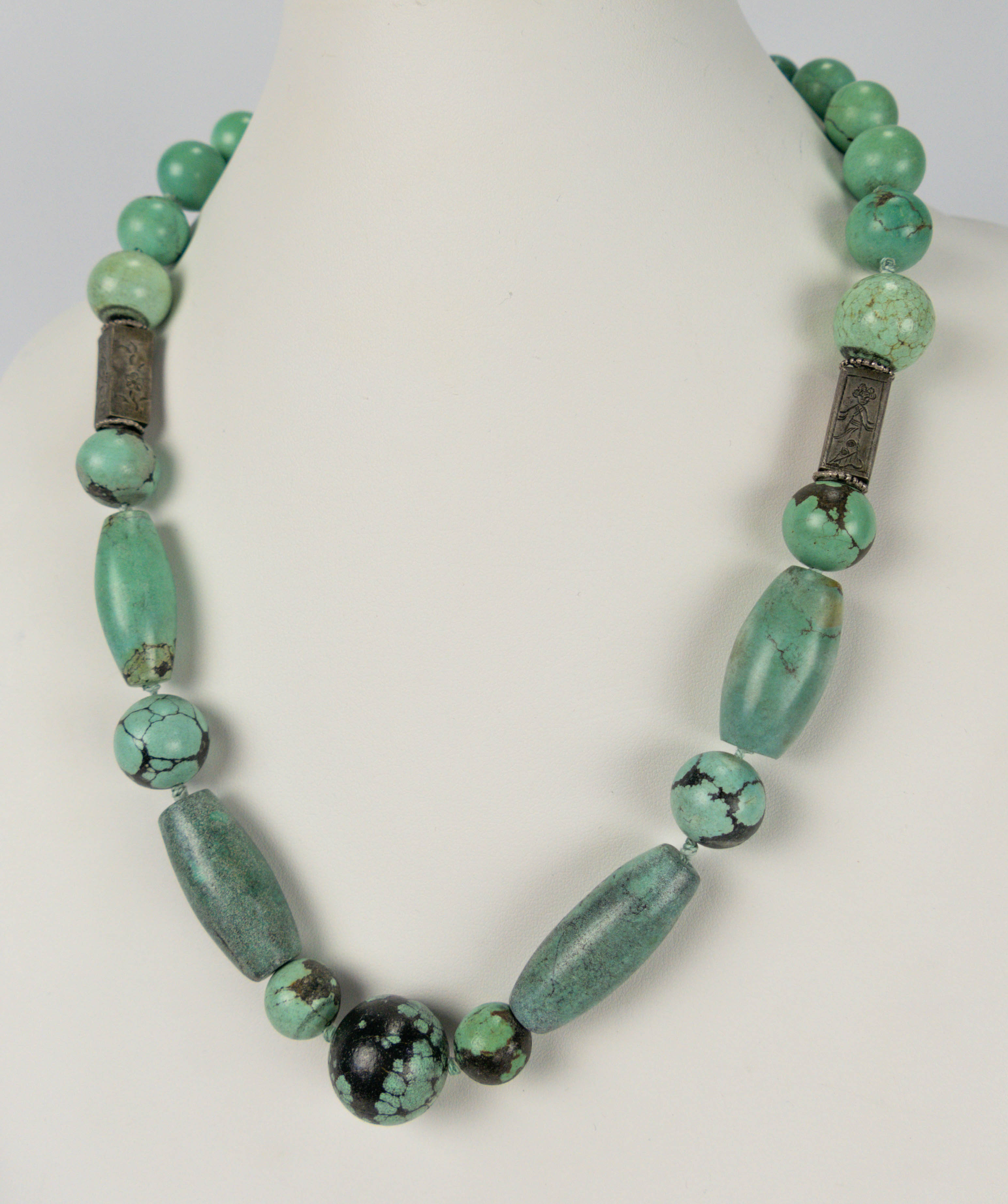 Fine Chinese Carved Large Turquoise Bead Necklace