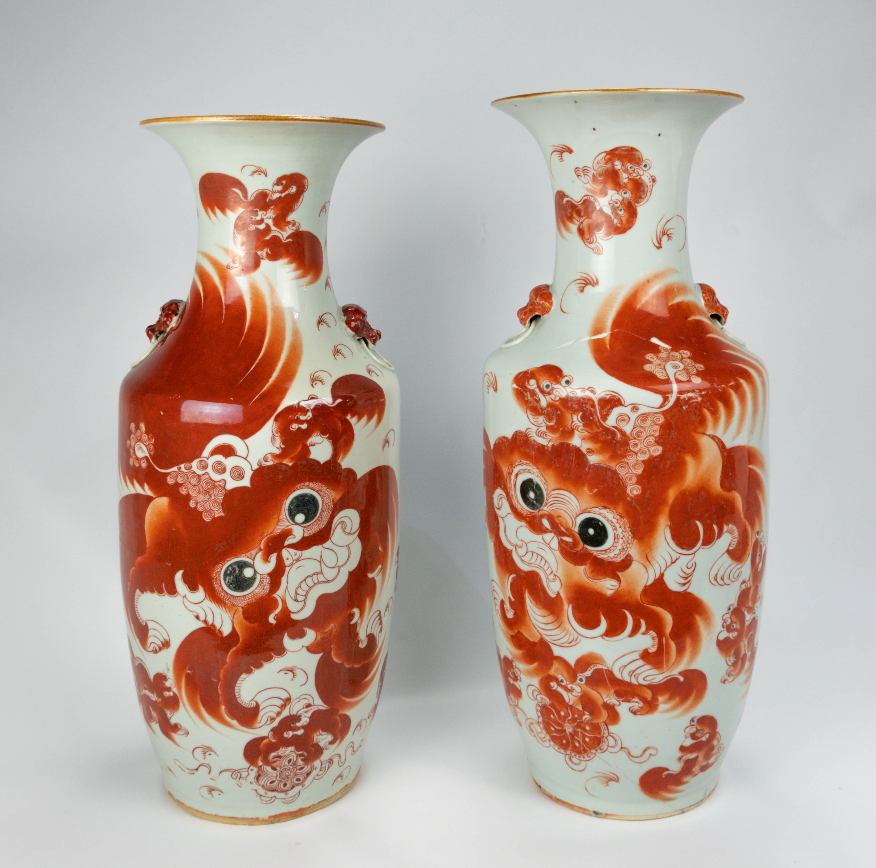 Antique Chinese Ox-Blood Painted Temple Jar Pair