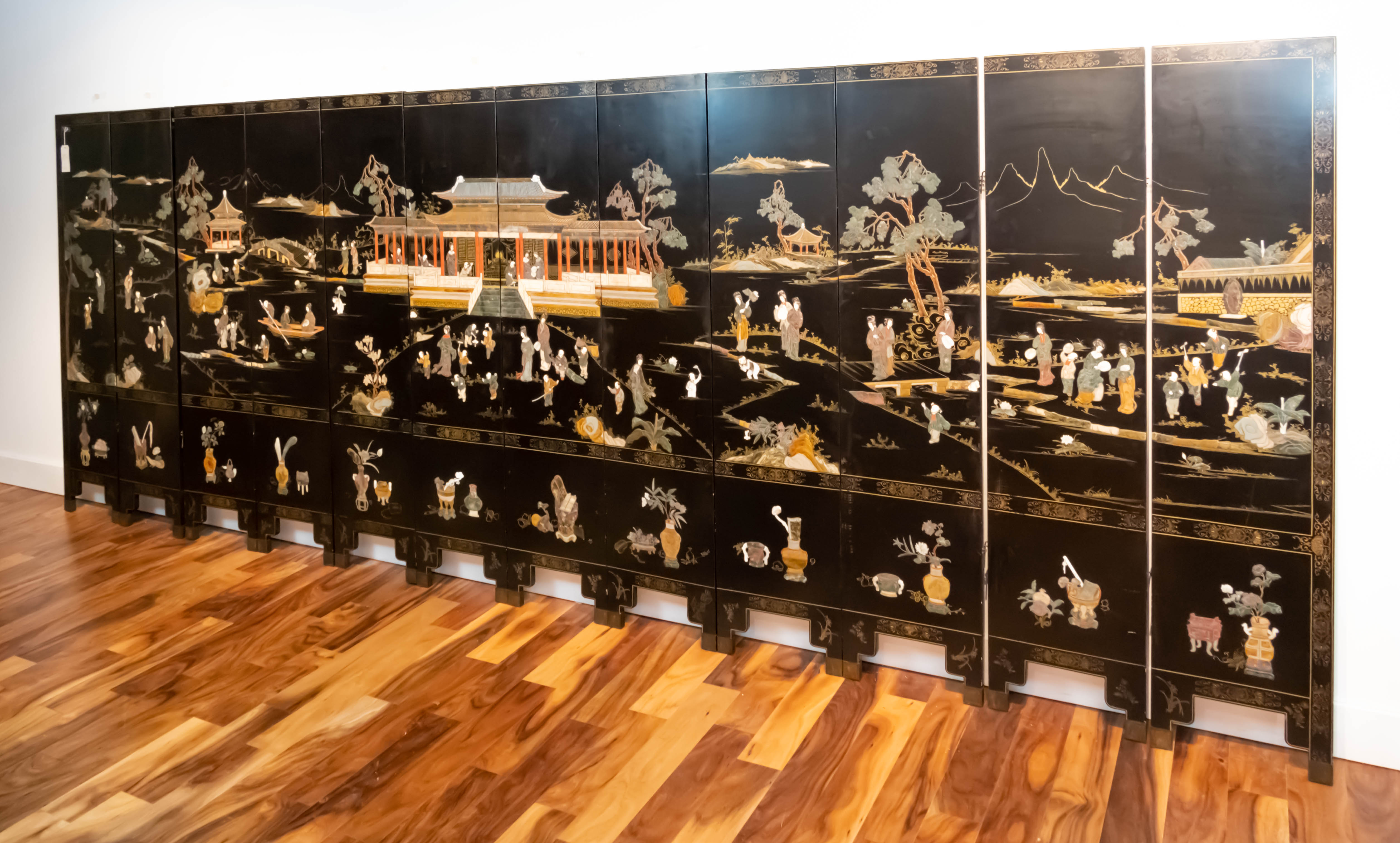 Antique Chinese Lacquered Hardstone 12-Panel Screen