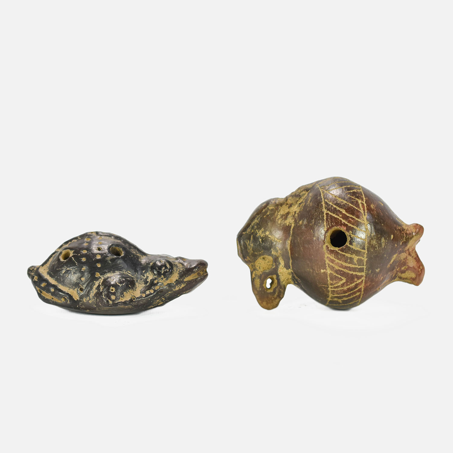 Carved Pottery Turtle and Bird Ocarina Flutes