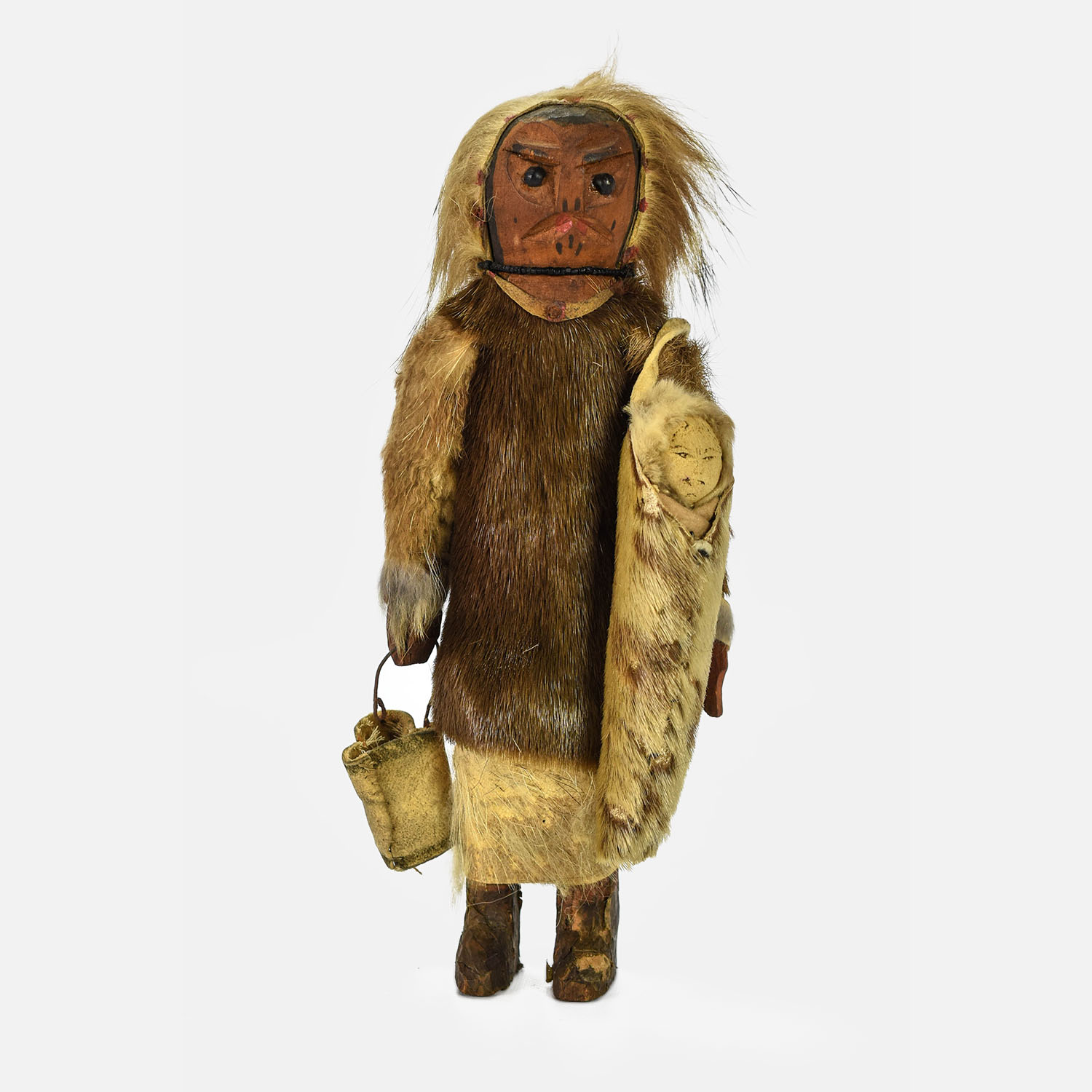 Native American Inuit Wood Fur Toy Doll w/Papoose