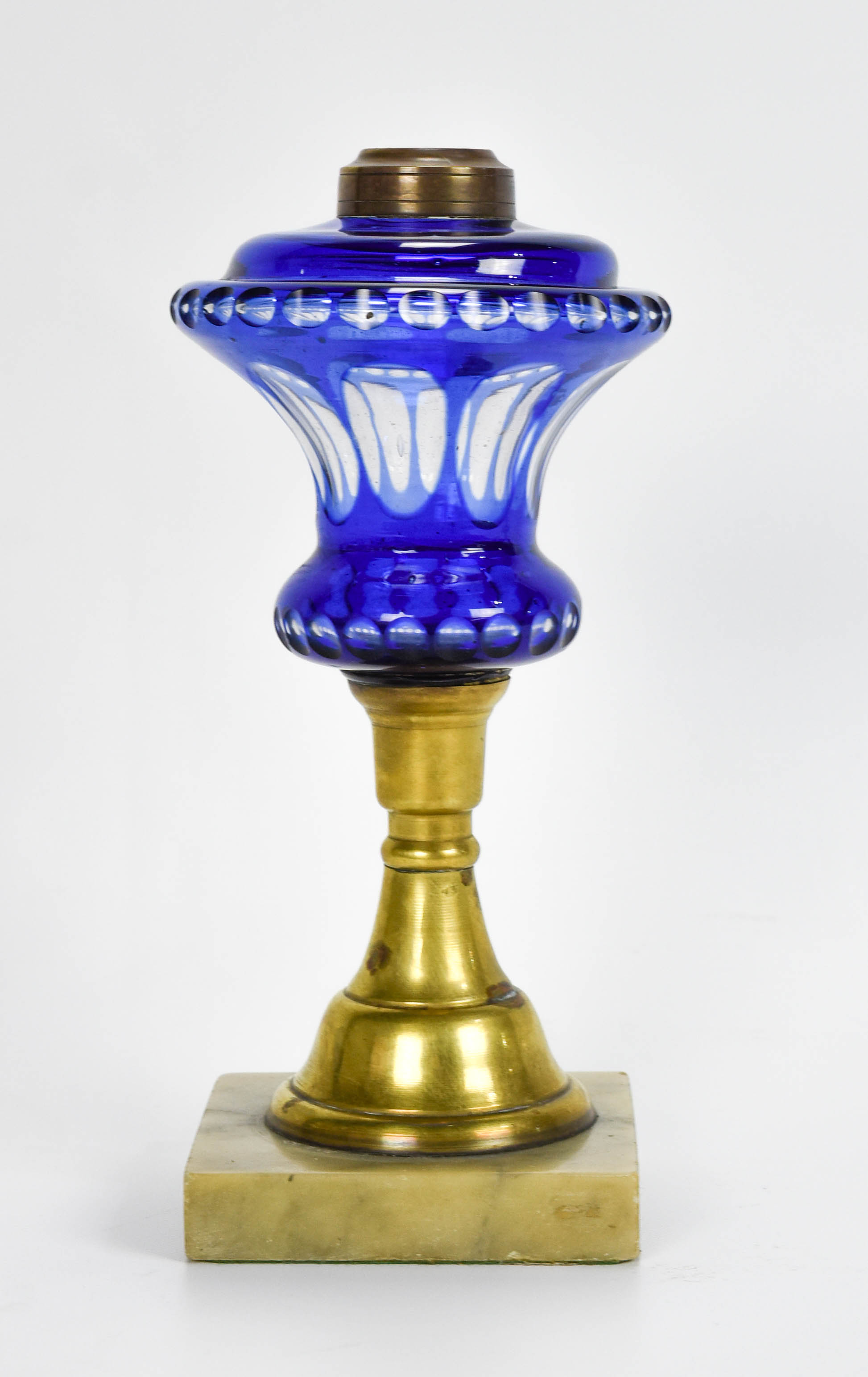 Antique Blue Cut to Clear Glass & Marble Oil Lamp