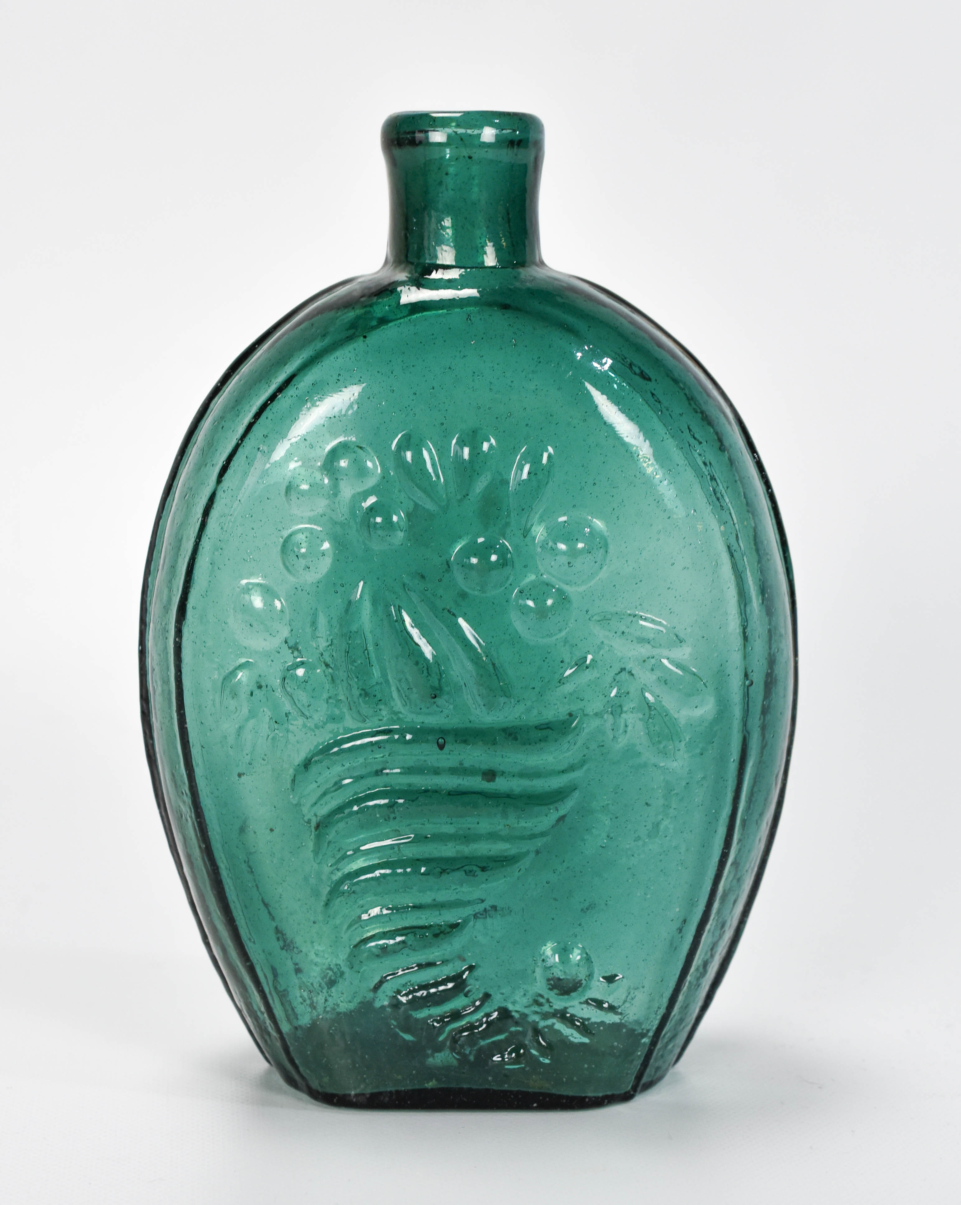 Teal Green Cornucopia Basket Historical Flask Bottle