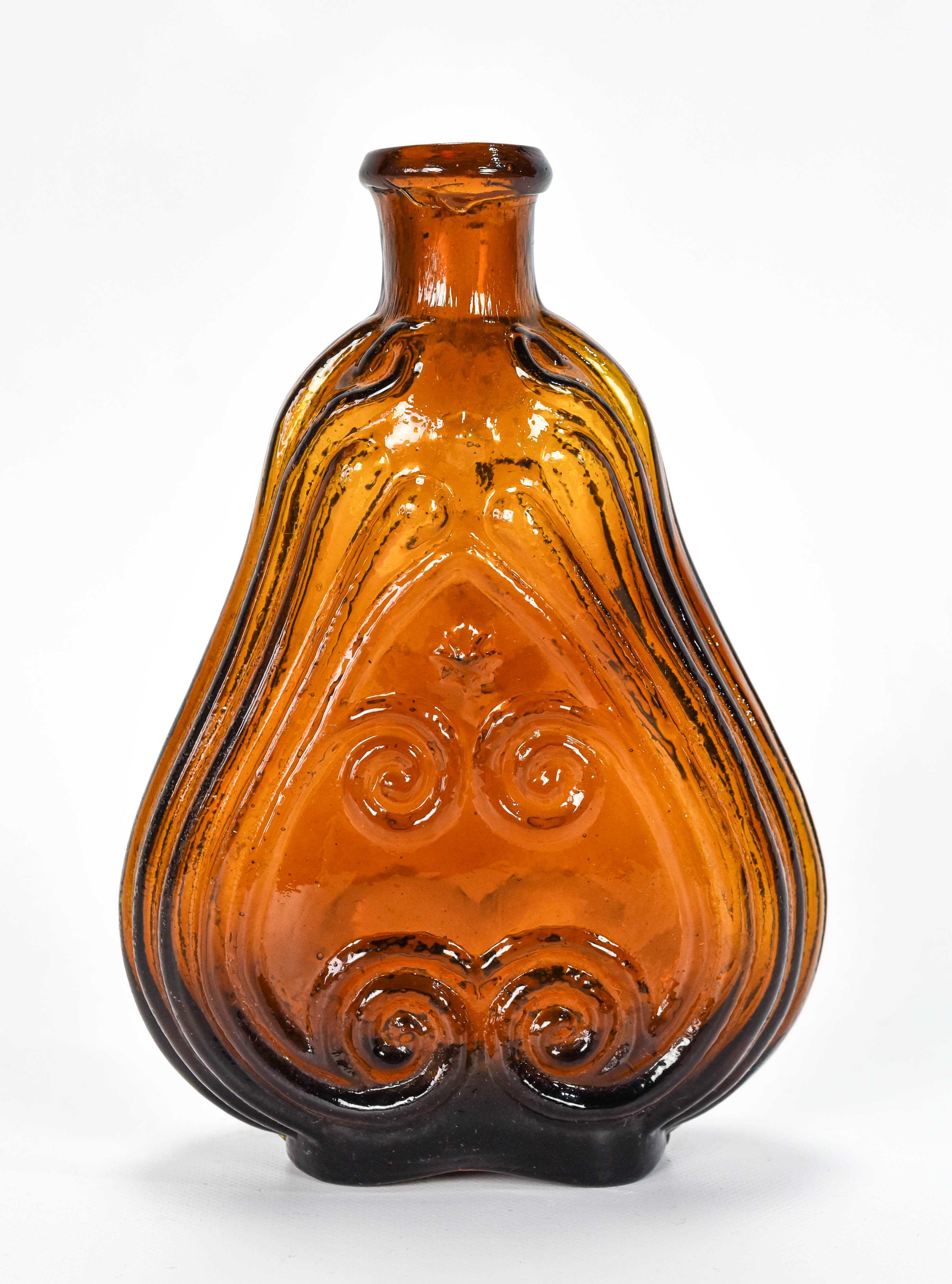 Amber Scroll Pint Flask Bottle w/Applied Collar Top