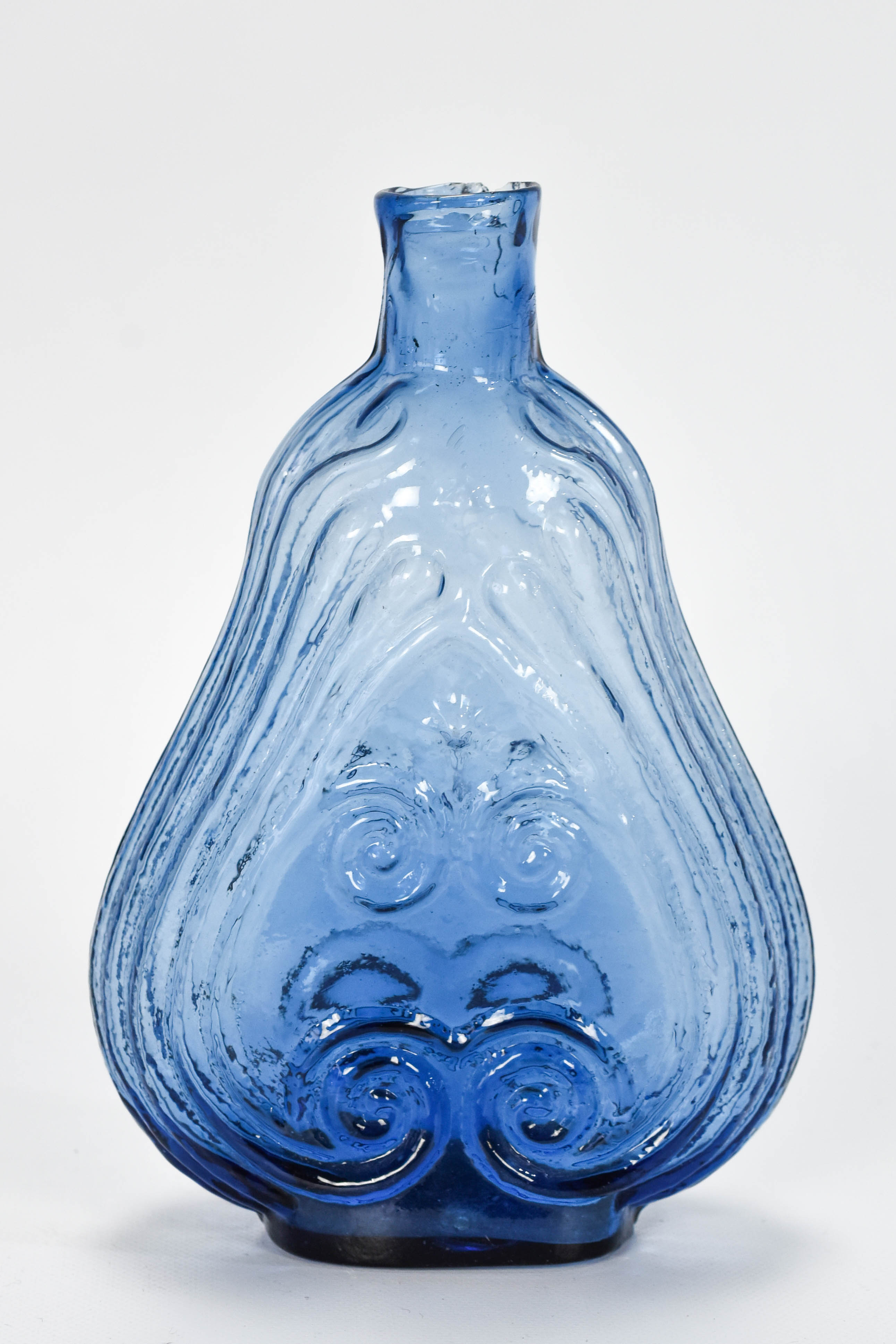 Sapphire Blue Scroll Violin Flask Historical Bottle