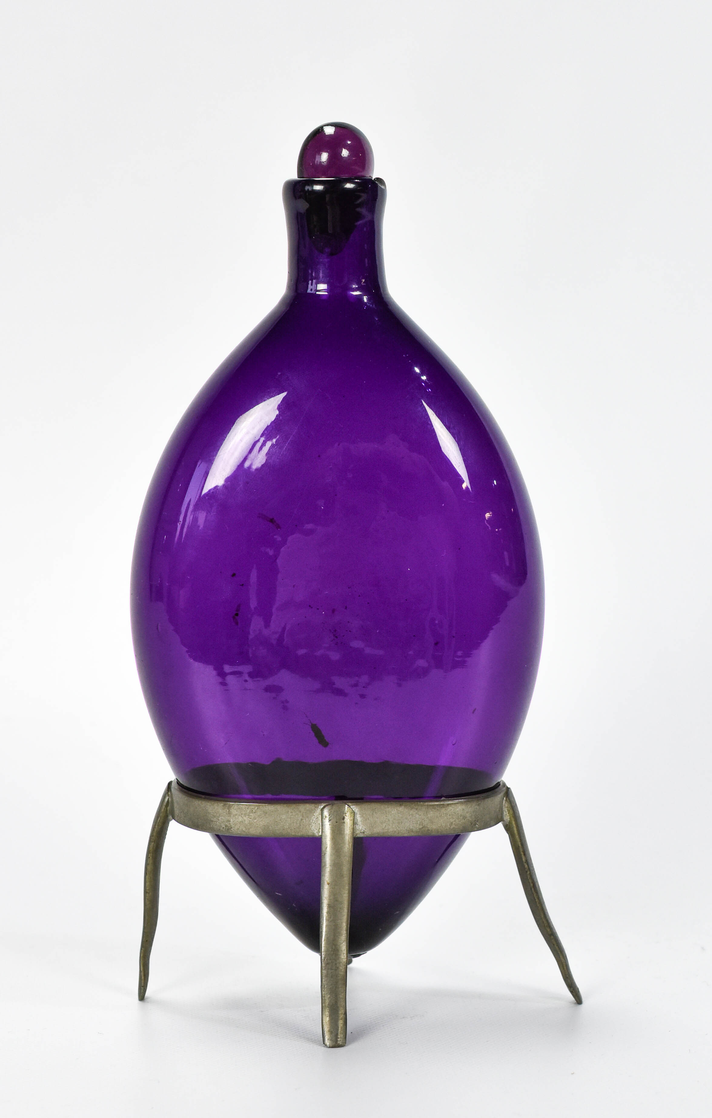 Amethyst Glass Bottle w/Pointed Foot on Pewter Stand