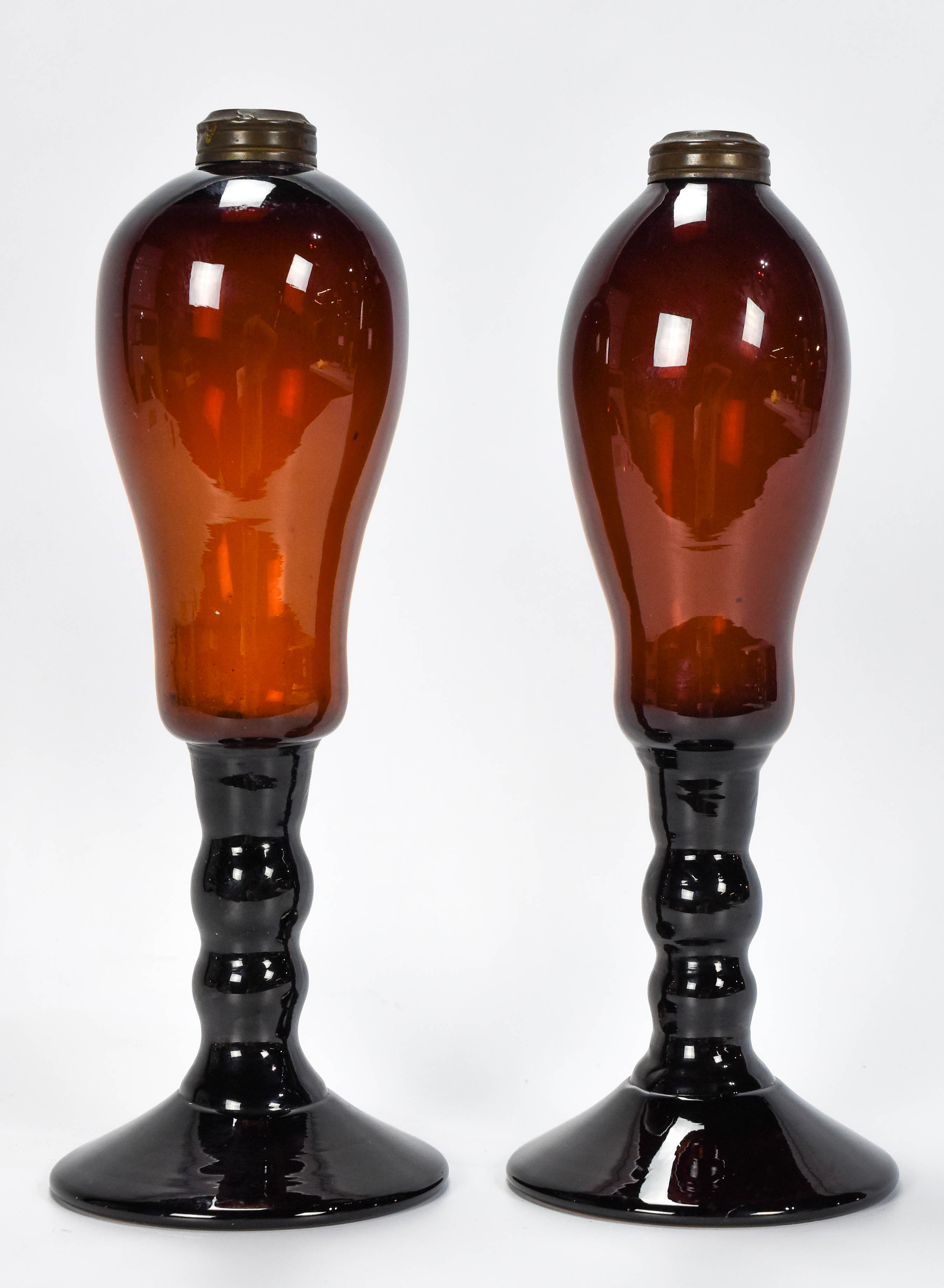 Free Blown Pair Dark Amber Glass Lamps Ex-McKearin