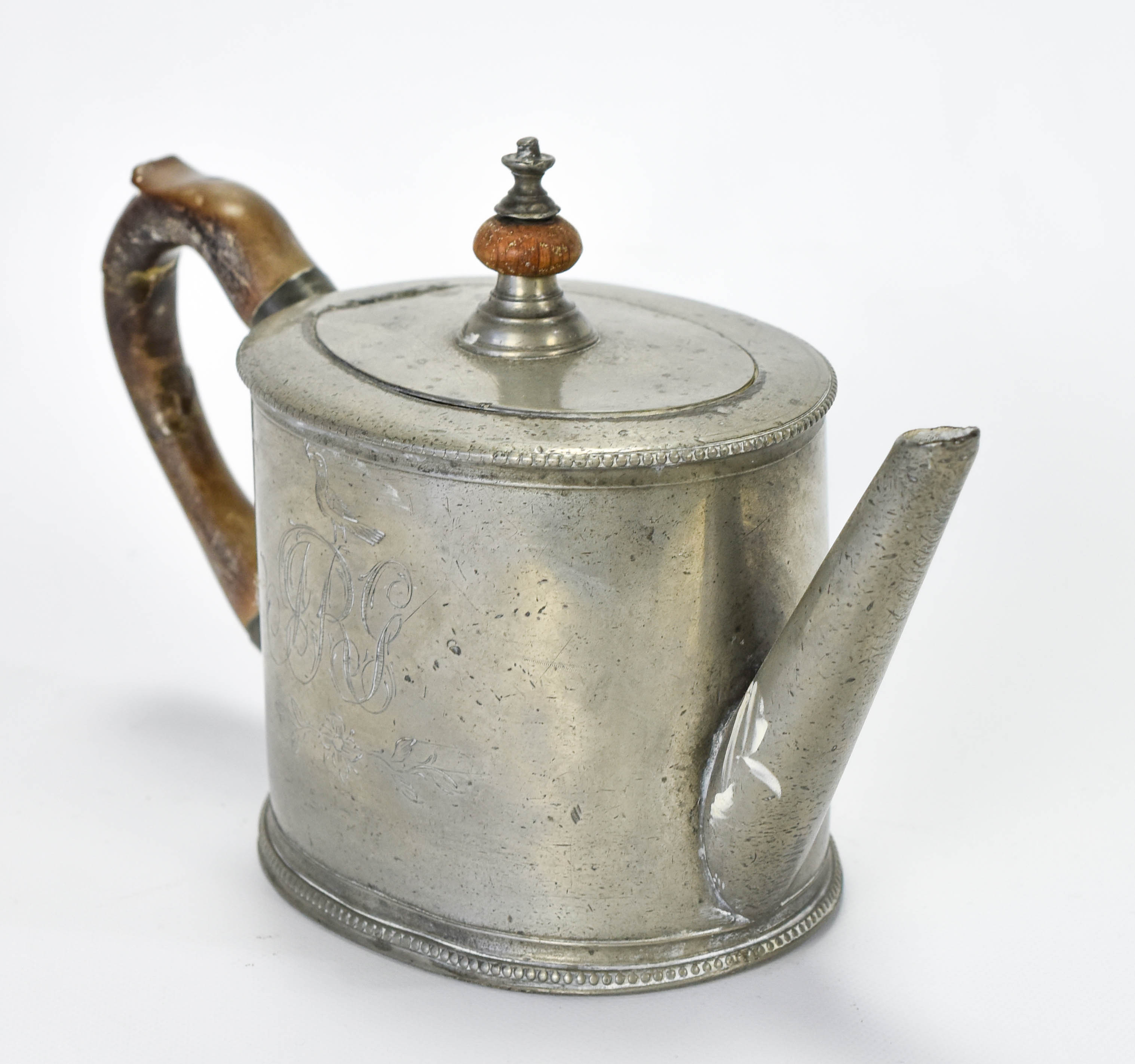 Fine Engraved 18thC Pewter Straight Sided Teapot