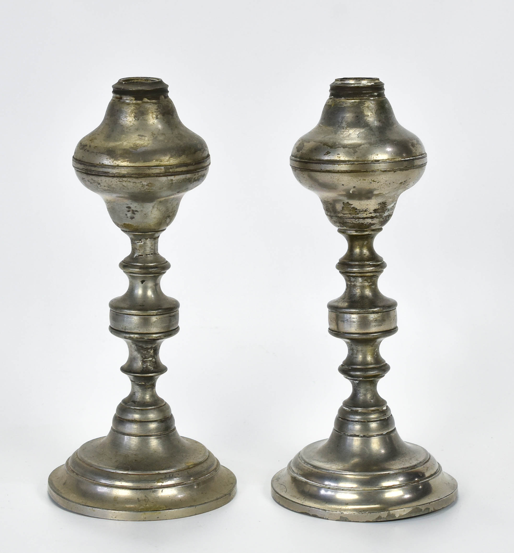 Antique 19thC Eben Smith Pewter Whale Oil Lamp Pair